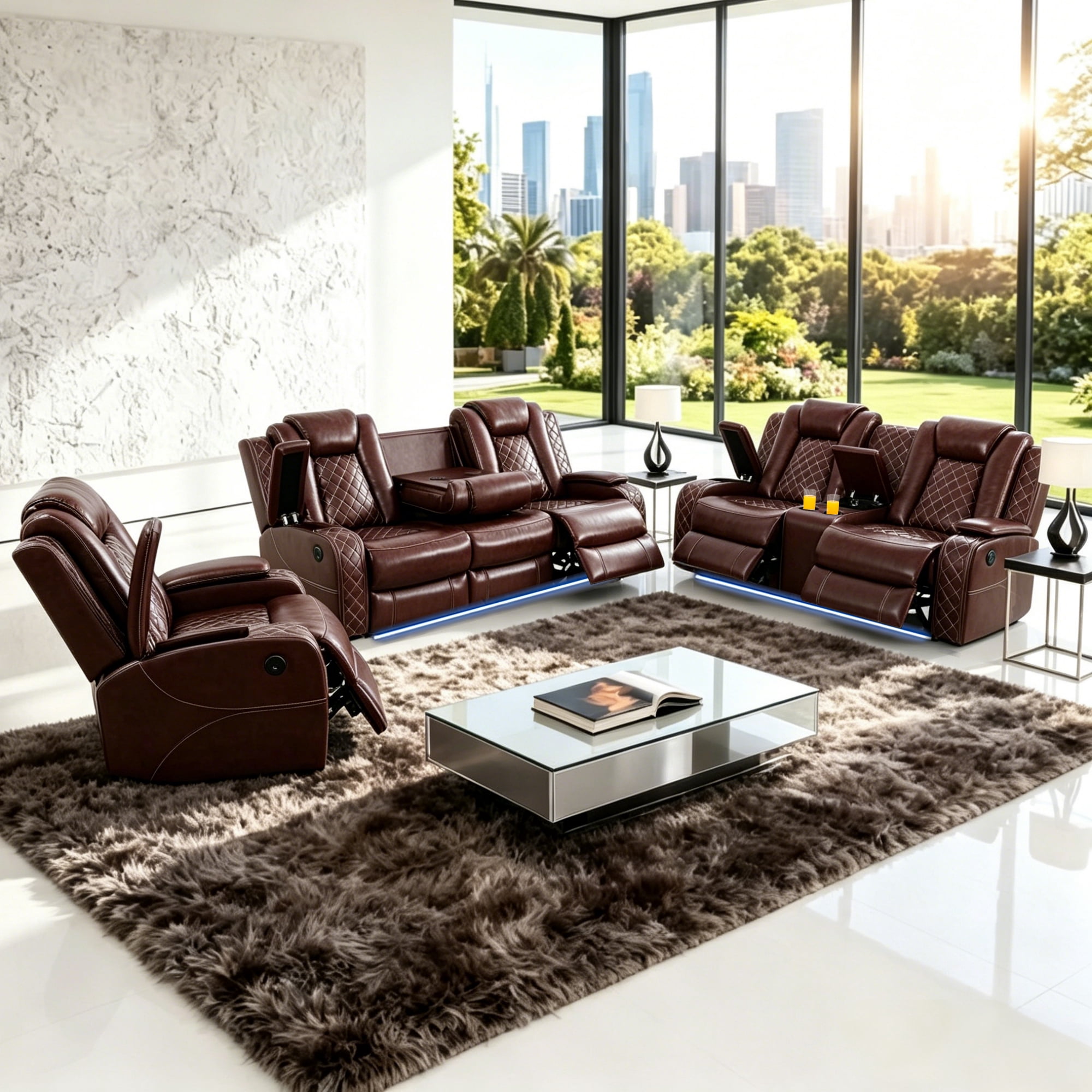 Gewnee Power Recliner Sectional Sofa Set with LED Light,Air Leather Reclining with Cup Holder, Wireless Charge, Storage Console for Living Room