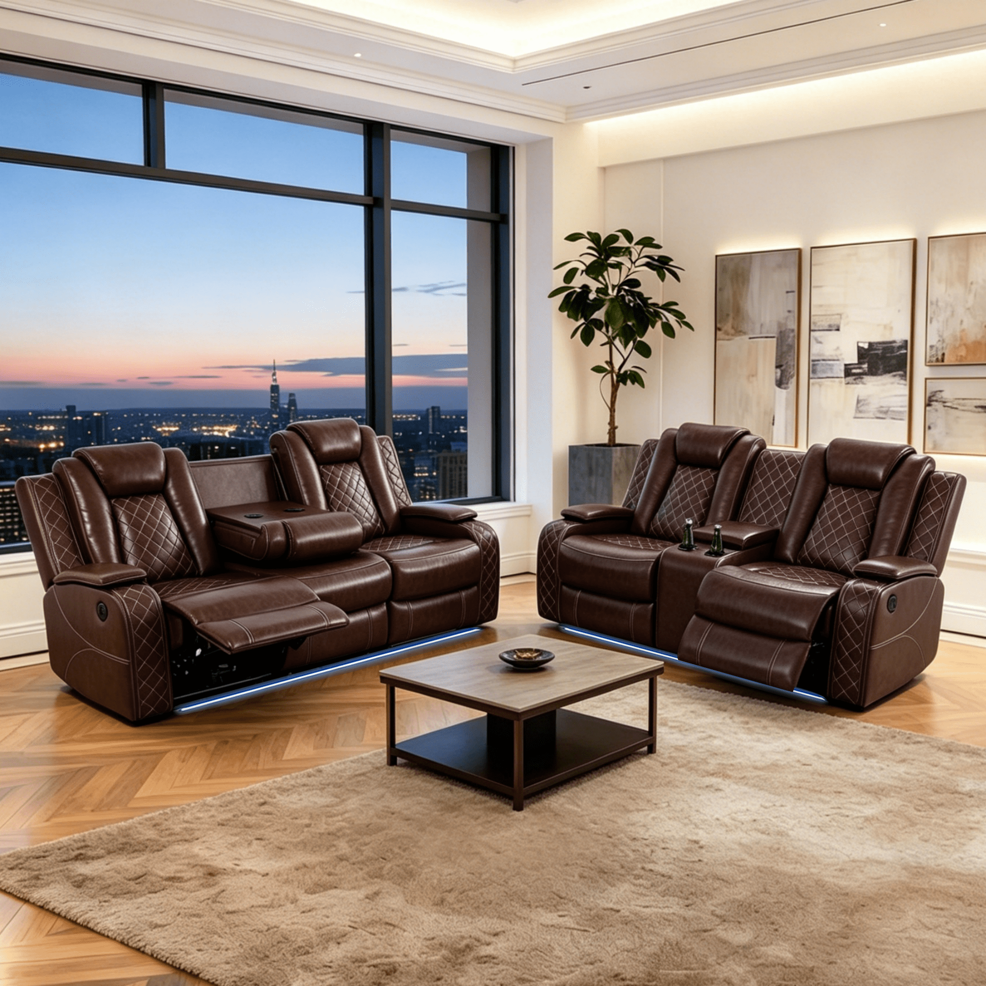 Gewnee Power Recliner Sectional Sofa Set with LED Light,Air Leather Reclining with Cup Holder, Wireless Charge, Storage Console for Living Room