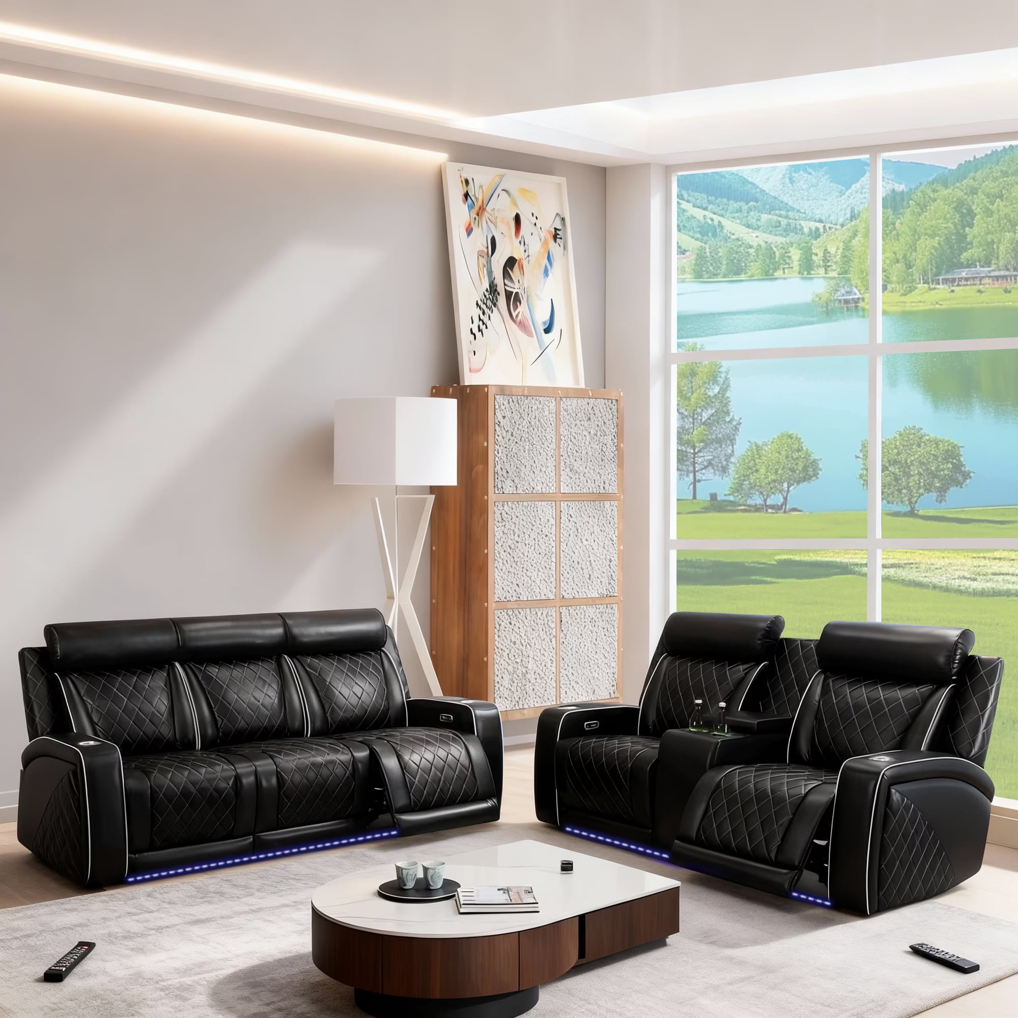 Gewnee Power Recliner Sofa Set, Air Leather 2 Pieces Sectional Couch with LED Light, Storage Console,Cup Holder for Living Room