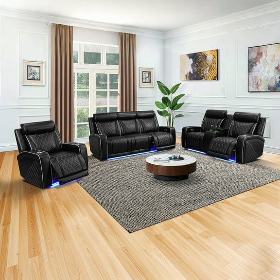 Gewnee Power Recliner Sofa Set, Air Leather 3 Pieces Sectional Couch with LED Light, Storage Console,Cup Holder for Living Room