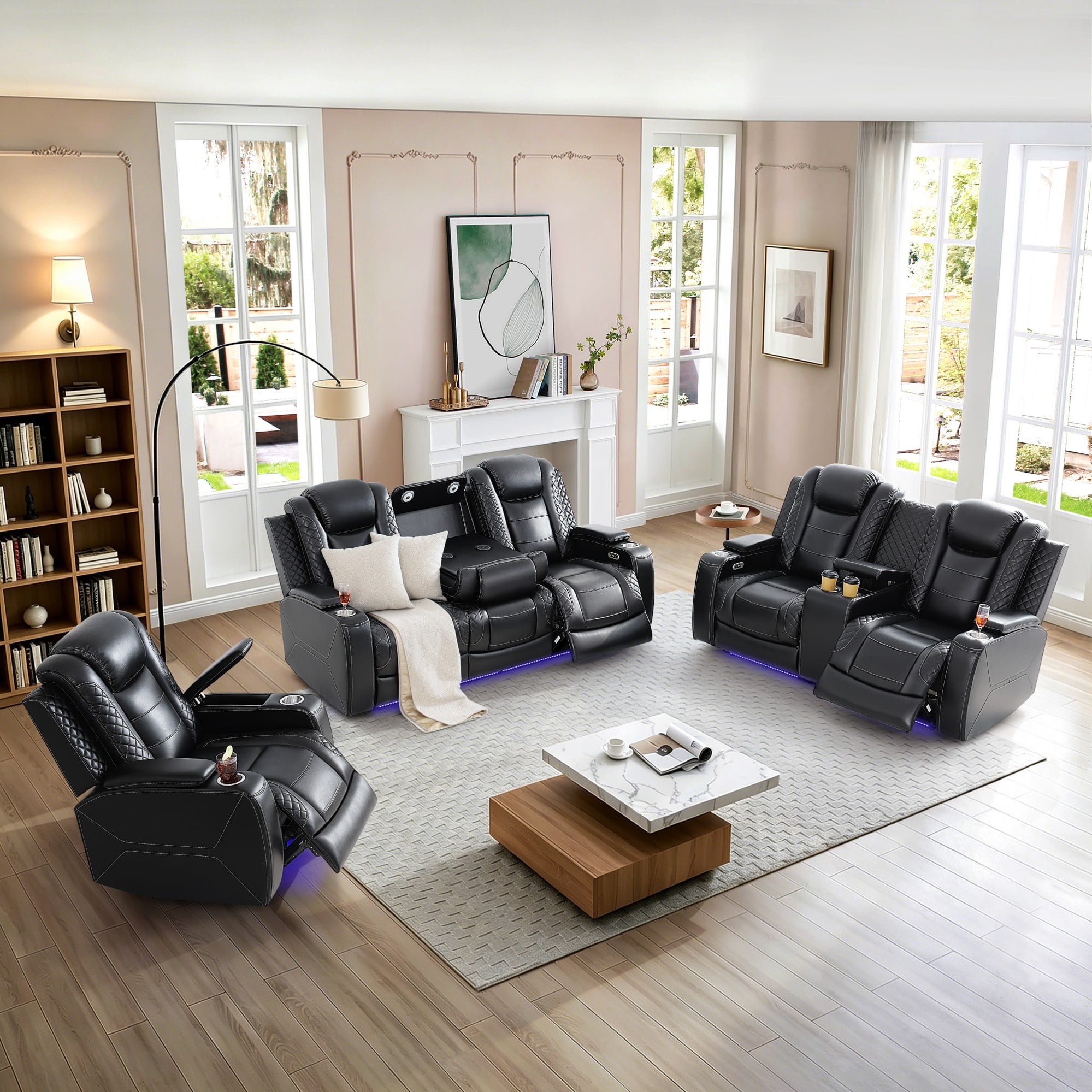 Gewnee Power Recliner Sofa Set,Air Leather 3 Pieces Sectional Couch with LED Light, Storage Console,Cup Holder for Living Room