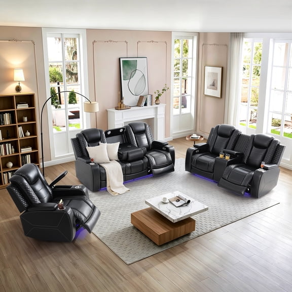Gewnee Power Recliner Sofa Set,Air Leather 3 Pieces Sectional Couch with LED Light, Storage Console,Cup Holder for Living Room
