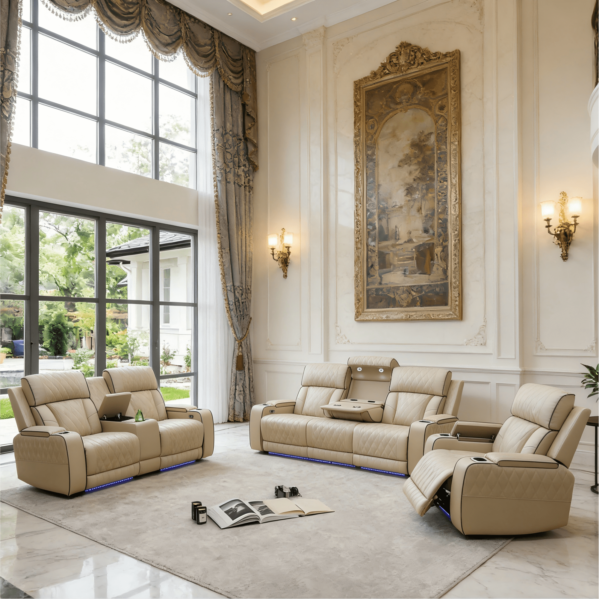 Gewnee Power Recliner Sofa Set with LED,Wireless Charging, Air Leather Living Room Furniture, Reclining Leather Sofa with Usb Ports/Cup Holders/Armrest Storage