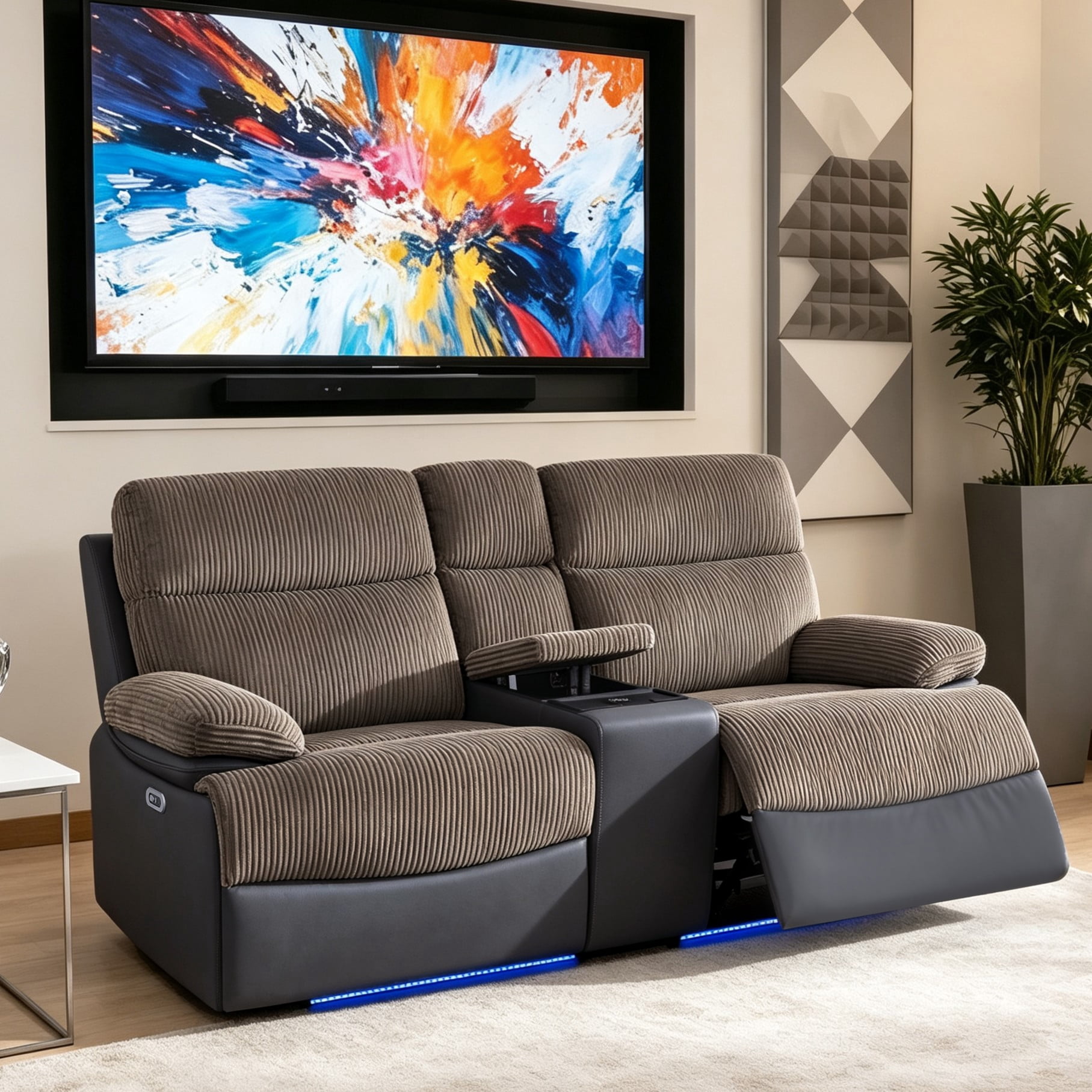 Gewnee Power Recliner with Wireless Charging, Adjustable Positions, USB & Type‑C Ports, Hidden Storage, Home Theater Furniture, Flocking‑Brown&Blackish Gray
