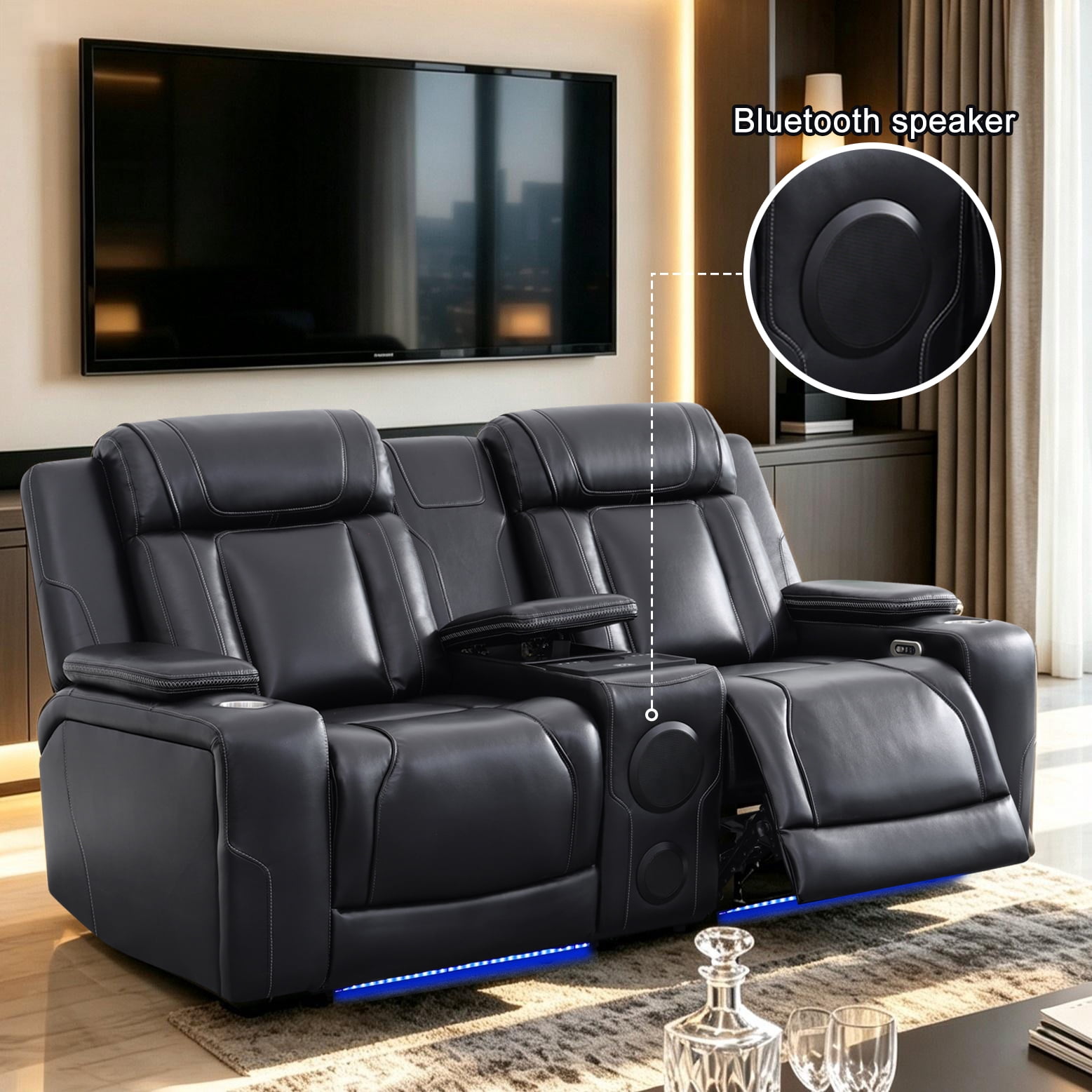 Gewnee Power Recliner with Wireless Charging, LED Ambient Lights, Built in Bluetooth Speakers, USB & Type‑C Ports, Hidden Storage, Home Theater Seating with Cup Holders, Air Leather‑Black