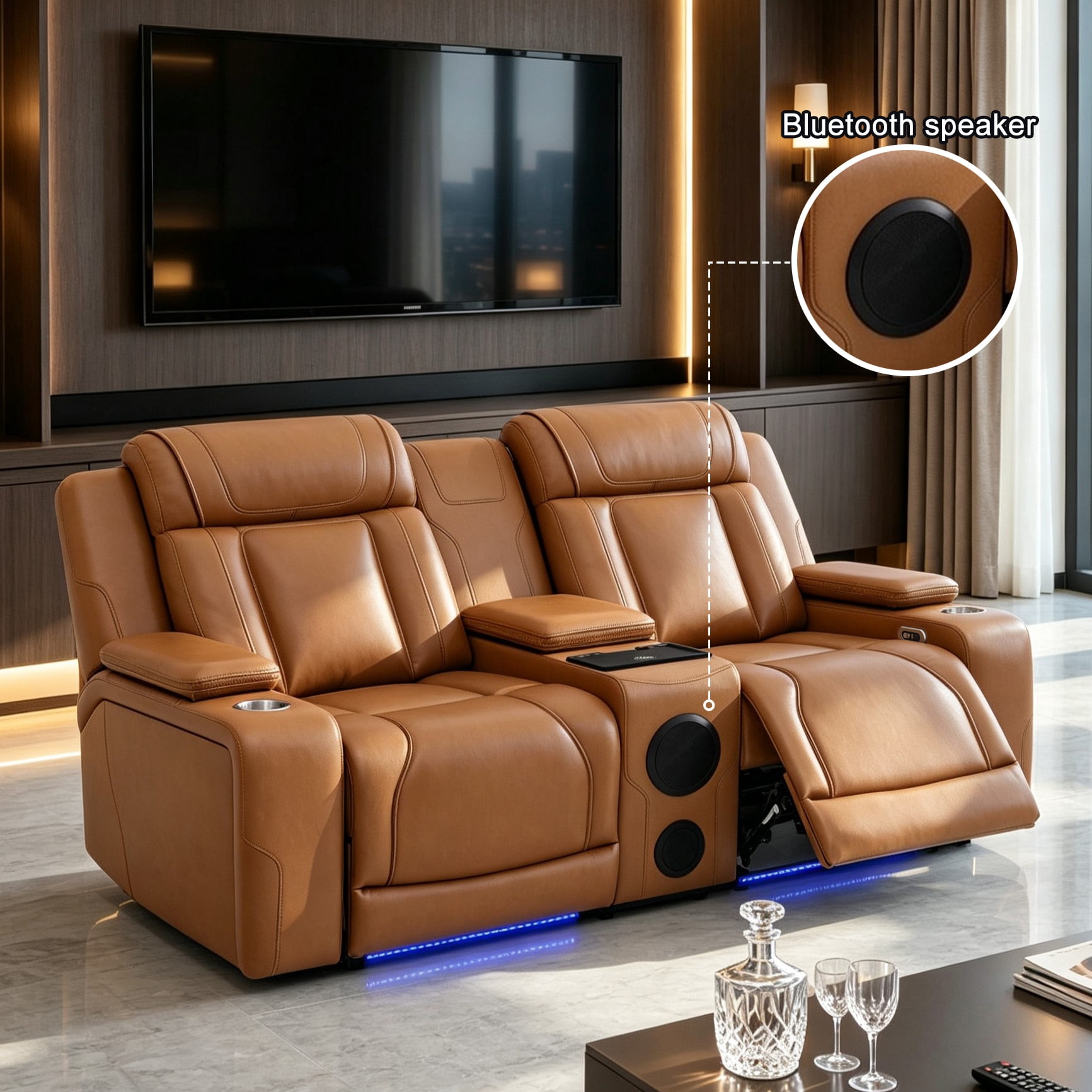 Gewnee Power Recliner with Wireless Charging, LED Ambient Lights, Built in Bluetooth Speakers, USB & Type‑C Ports, Hidden Storage, Home Theater Seating with Cup Holders, Air Leather‑Orange Yellow