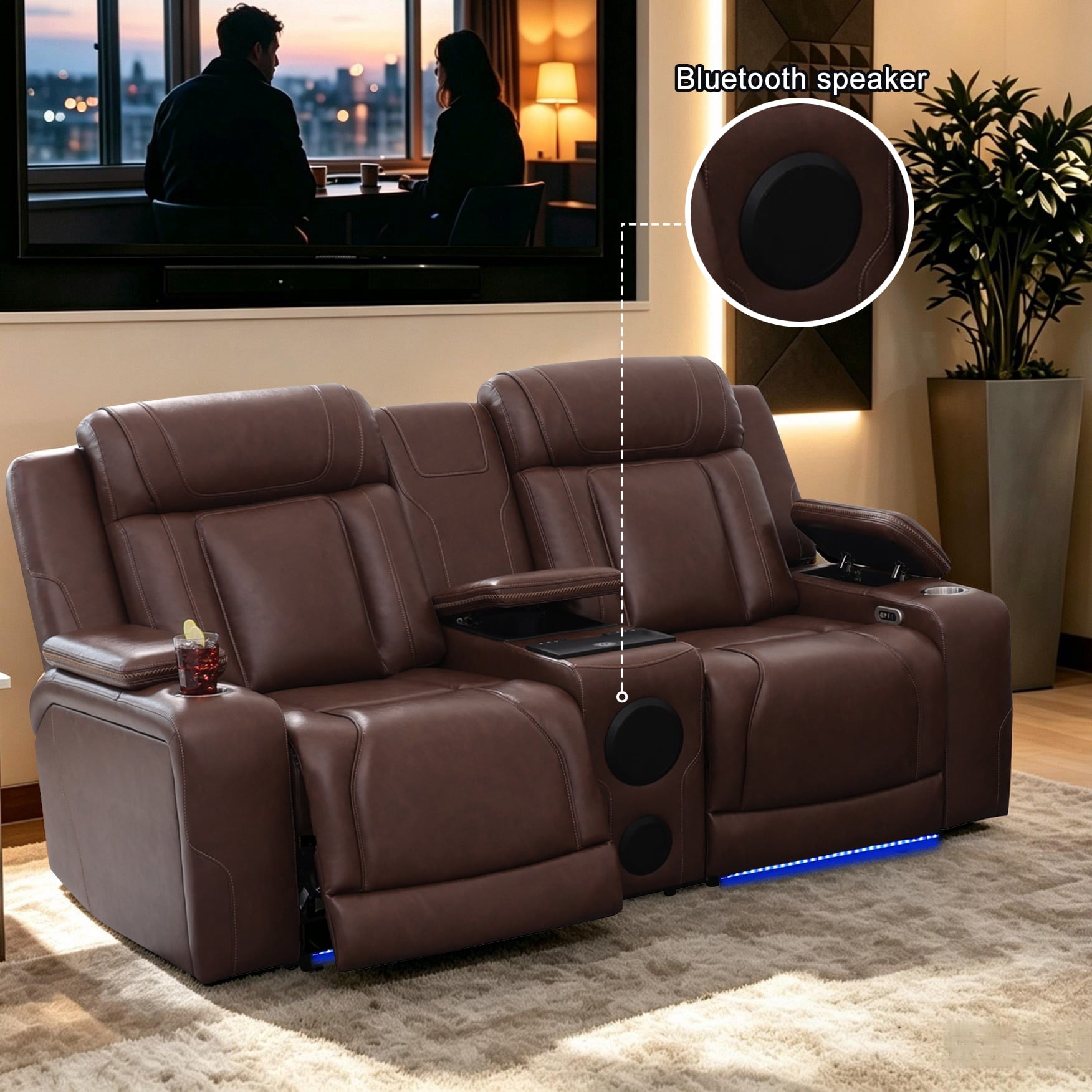 Gewnee Power Recliner with Wireless Charging, LED Ambient Lights, Built in Bluetooth Speakers, USB & Type‑C Ports, Hidden Storage, Home Theater Seating with Cup Holders, Air Leather‑Reddish-brown