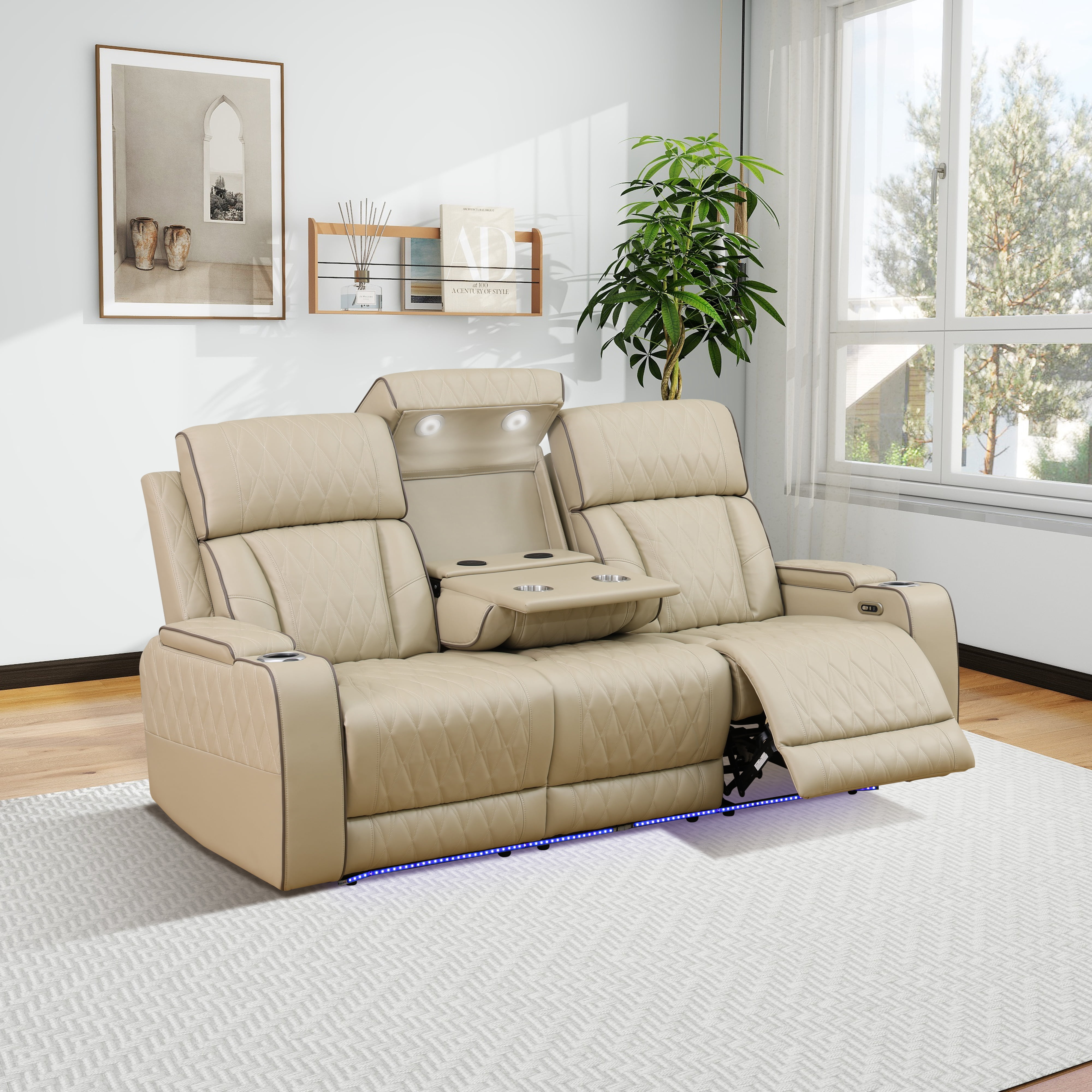 Gewnee Power Reclining Multifunctional Sofa with USB, Air Leather, Storage Console, Living Room,Khaki