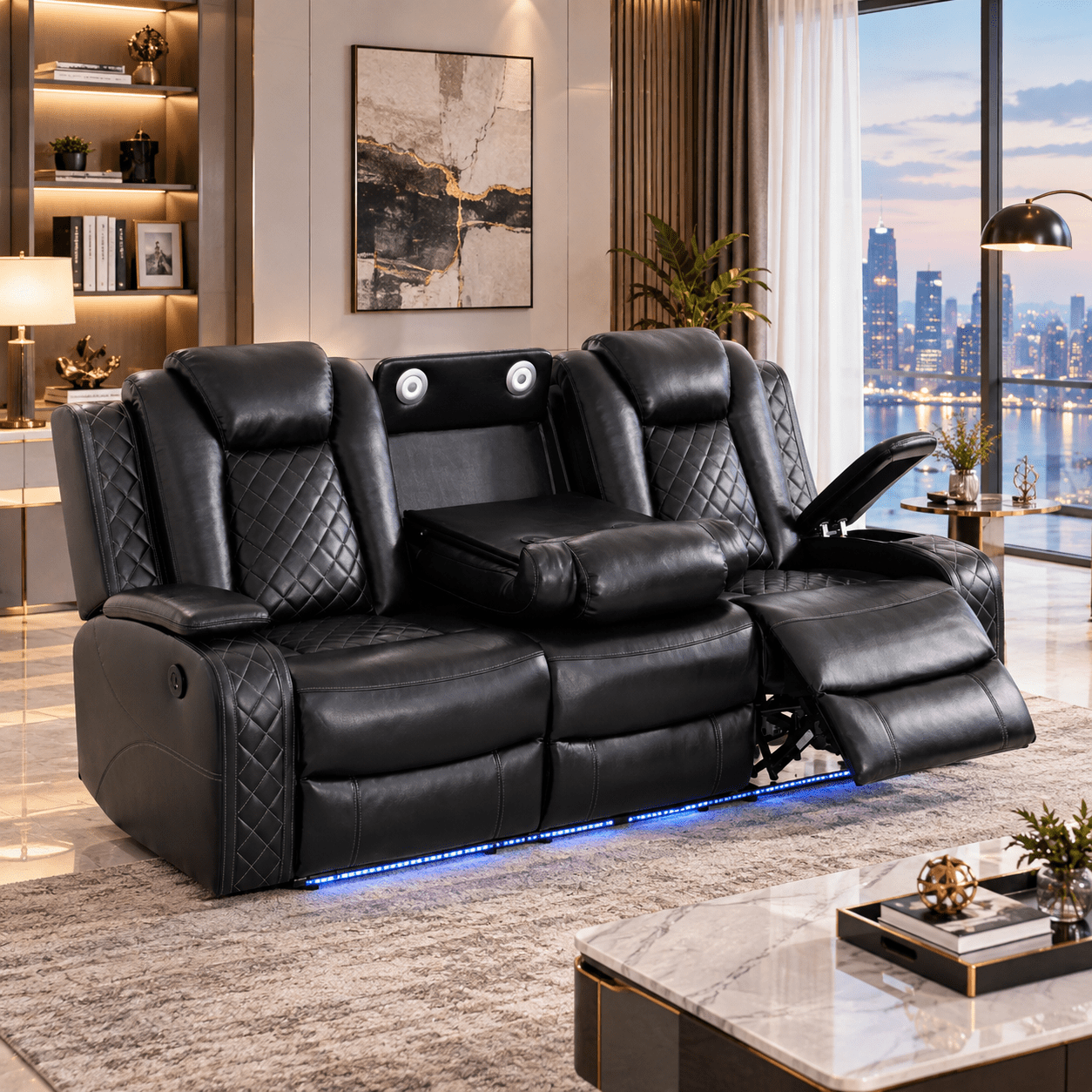 Gewnee Power Reclining Multifunctional Sofa with USB & Wireless Charging, Air Leather, Storage Console, Living Room, Black