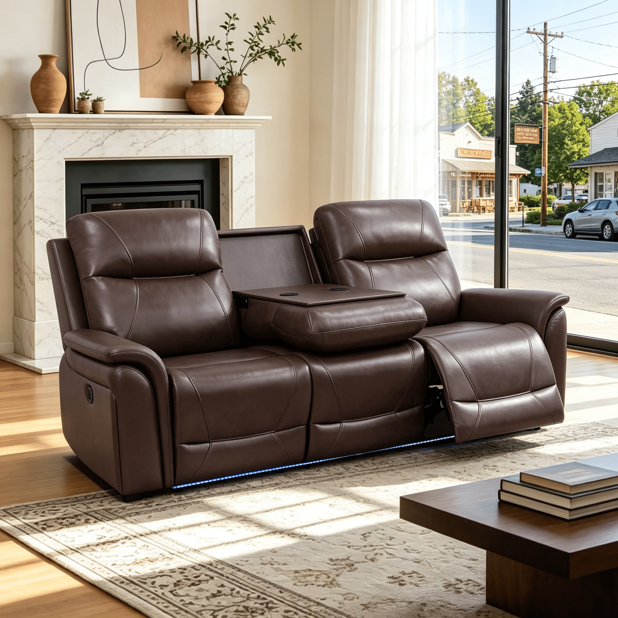 Gewnee Power Reclining Multifunctional Sofa with USB & Wireless Charging, Air Leather, Storage Console, Living Room,Dark Brown