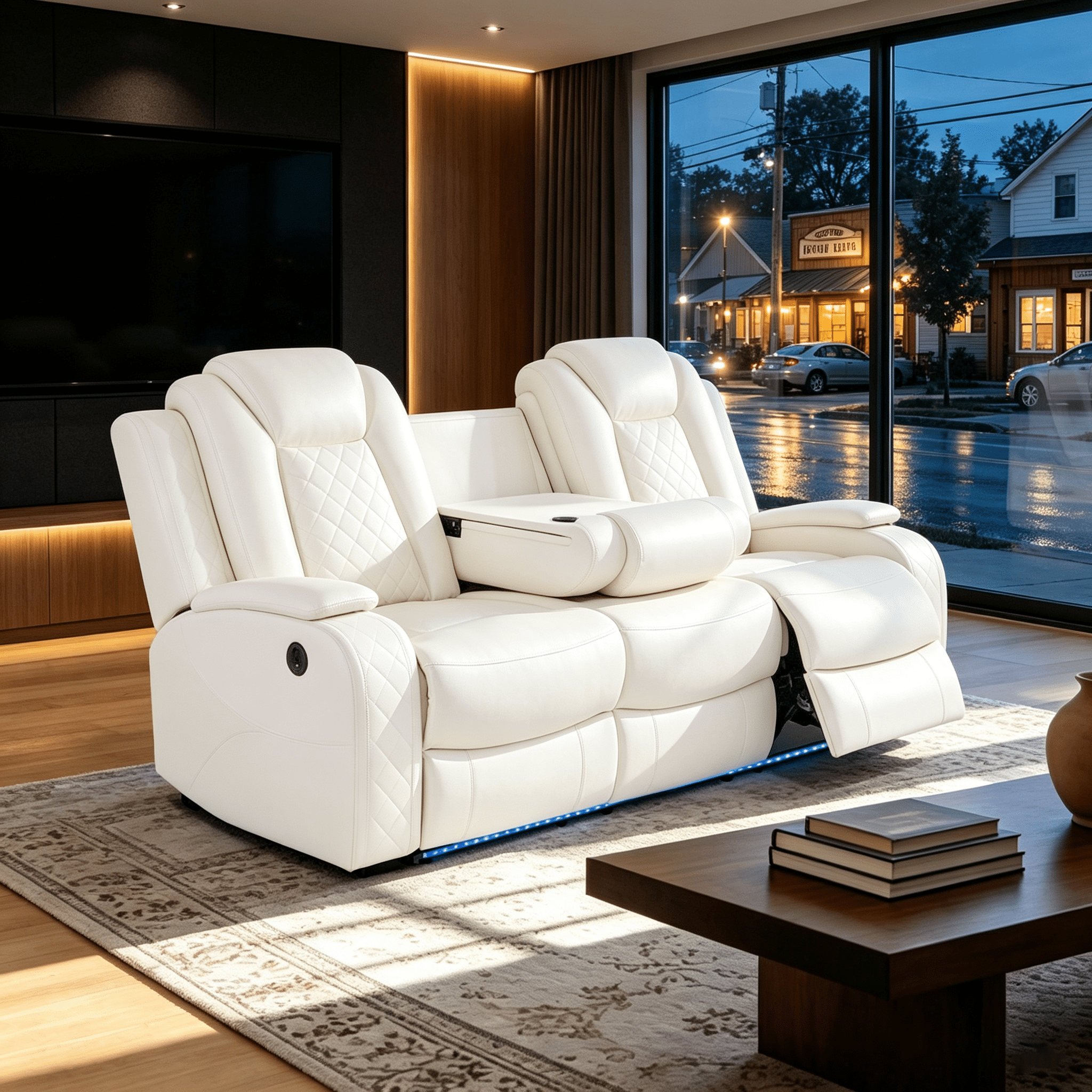 Gewnee Power Reclining Multifunctional Sofa with USB & Wireless Charging, Air Leather, Storage Console, Living Room,Off-white