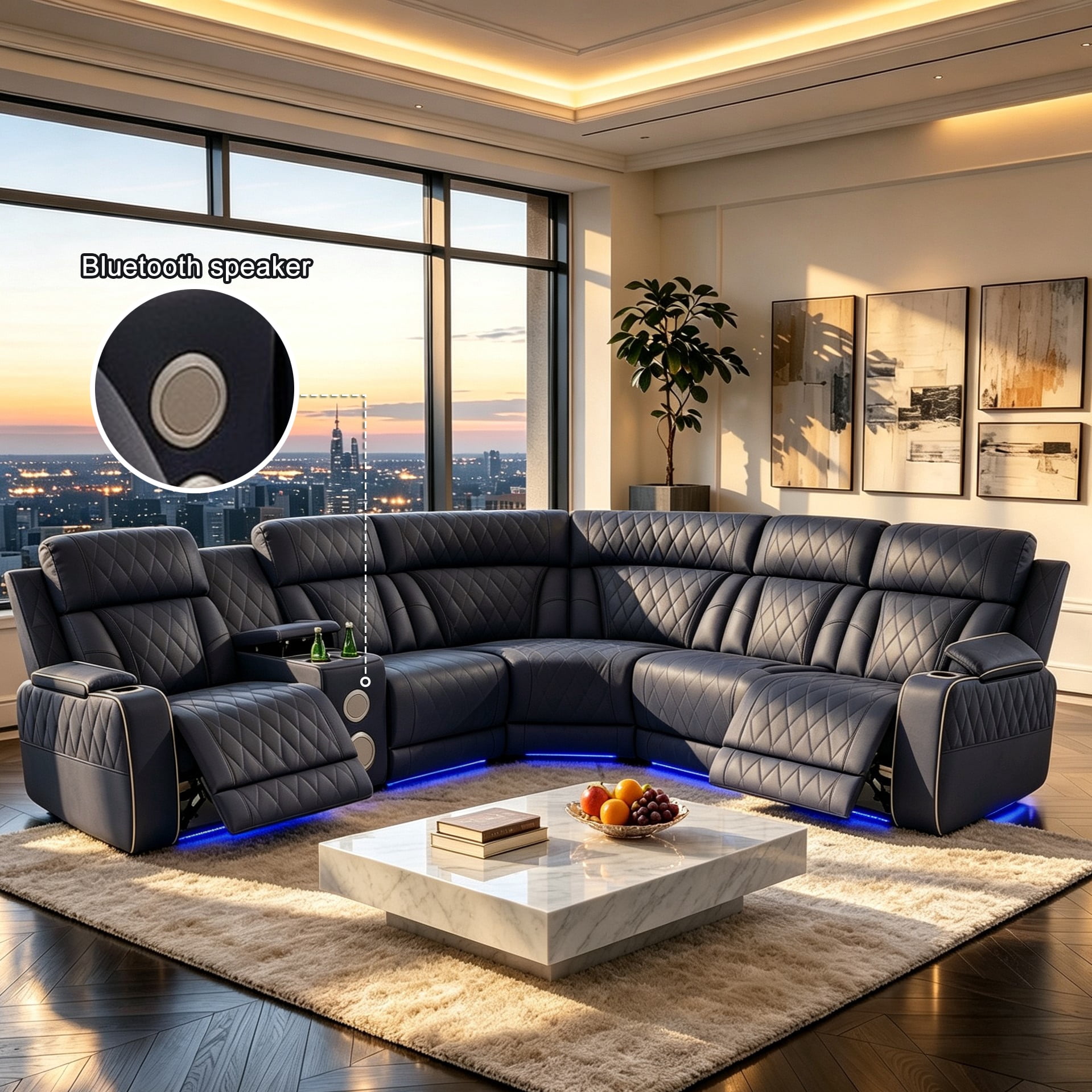 Gewnee Power Reclining Sectional Sofa, Air Leather, 110‑115° Adjustable Recline, USB & Type‑C Charging, Bluetooth Speaker, Cup Holders, Comfort Couch for Living Room Home Theater, Bluish Gray