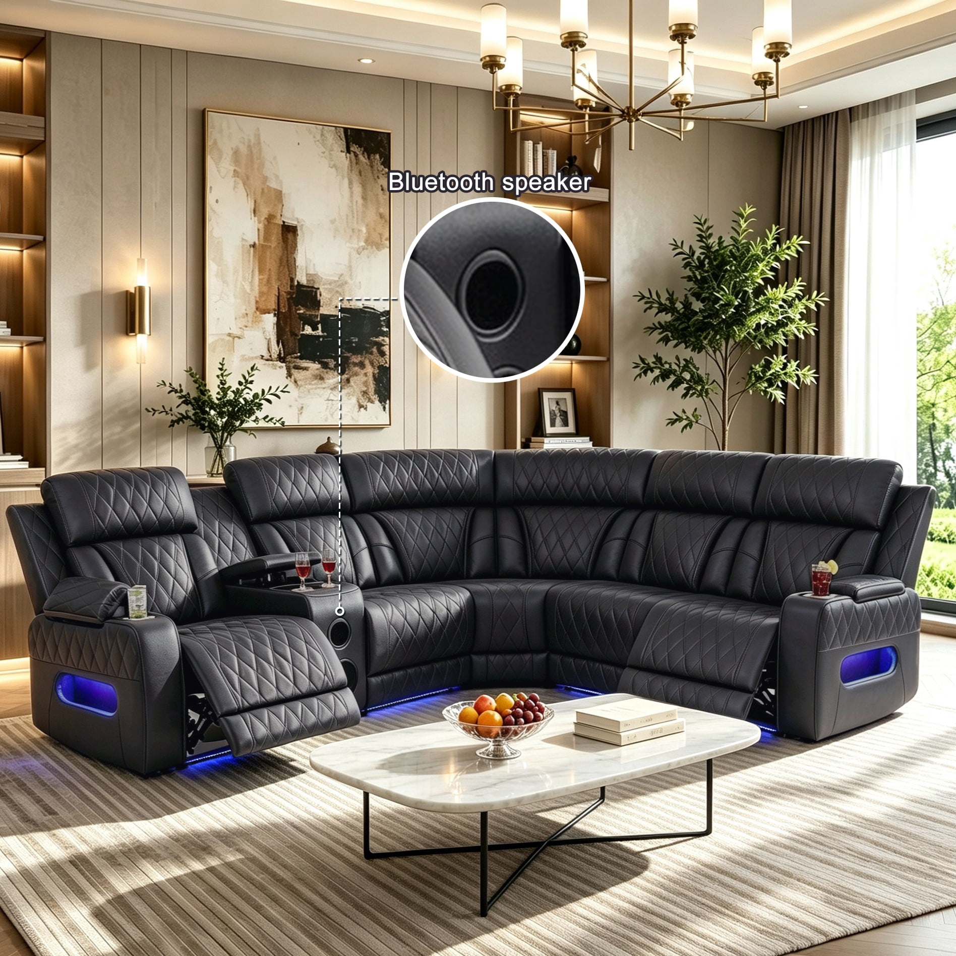 Gewnee Power Reclining Sectional Sofa, Air Leather, Adjustable Recline, USB & Type‑C Charging, Bluetooth Speaker, Cup Holders & Storage, Comfort Couch for Living Room Home Theater, Blackish Gray