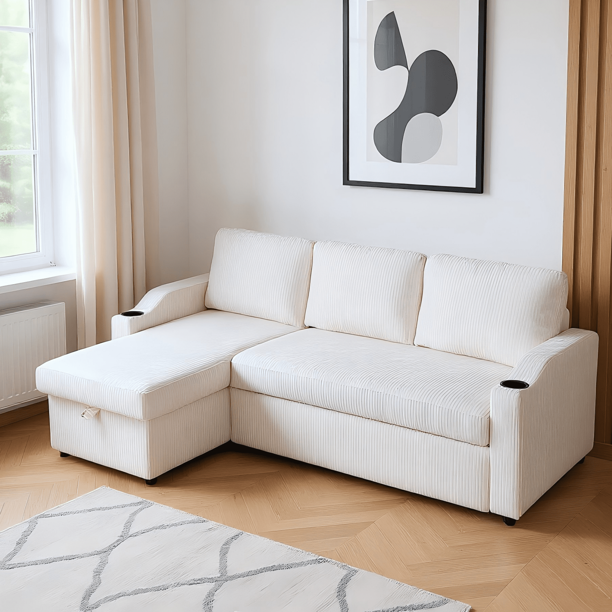 Gewnee Pull Out Sofa Bed,3 In 1 Sleeping and Seating Sofa with Storage Function,with Corduroy Fabric L-shaped Sofa,Suitable for Living Room,Bedroom and Apartment（Beige)