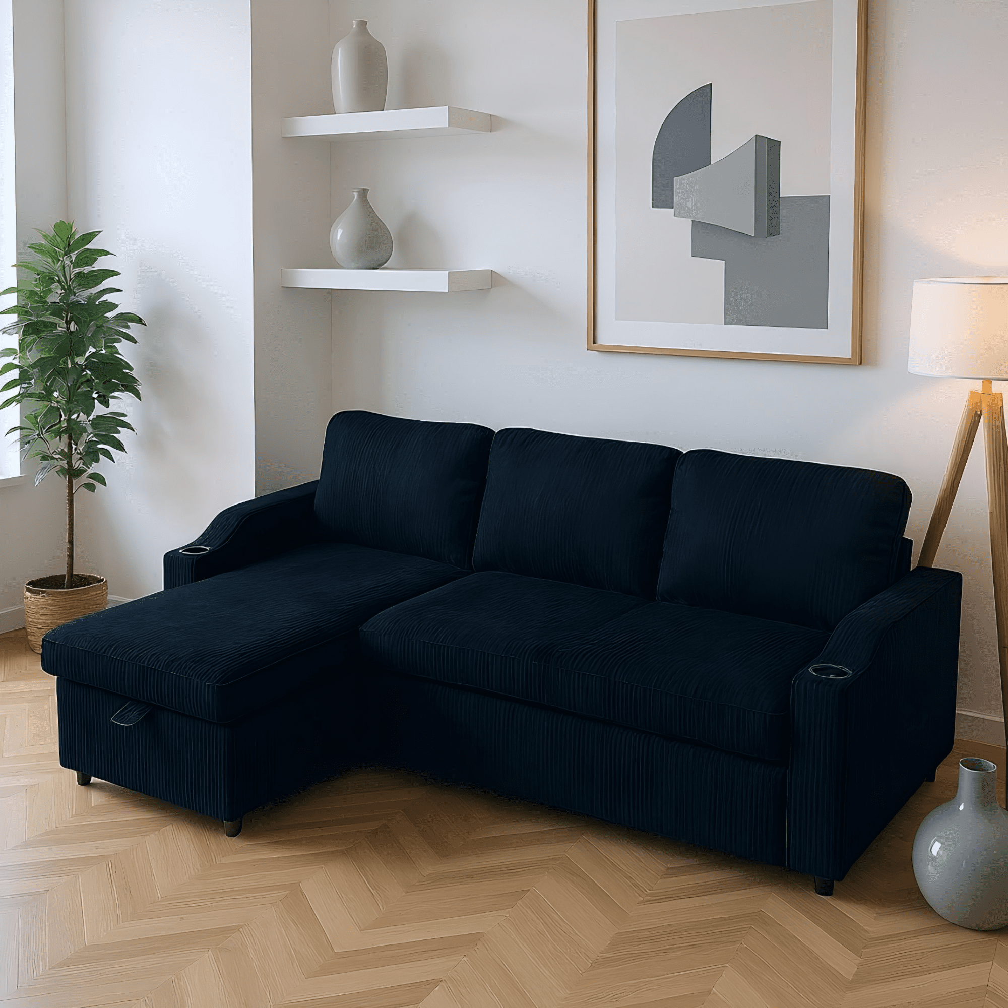Gewnee Pull Out Sofa Bed,3 In 1 Sleeping and Seating Sofa with Storage Function,with Corduroy Fabric L-shaped Sofa,Suitable for Living Room,Bedroom and Apartment(Black)