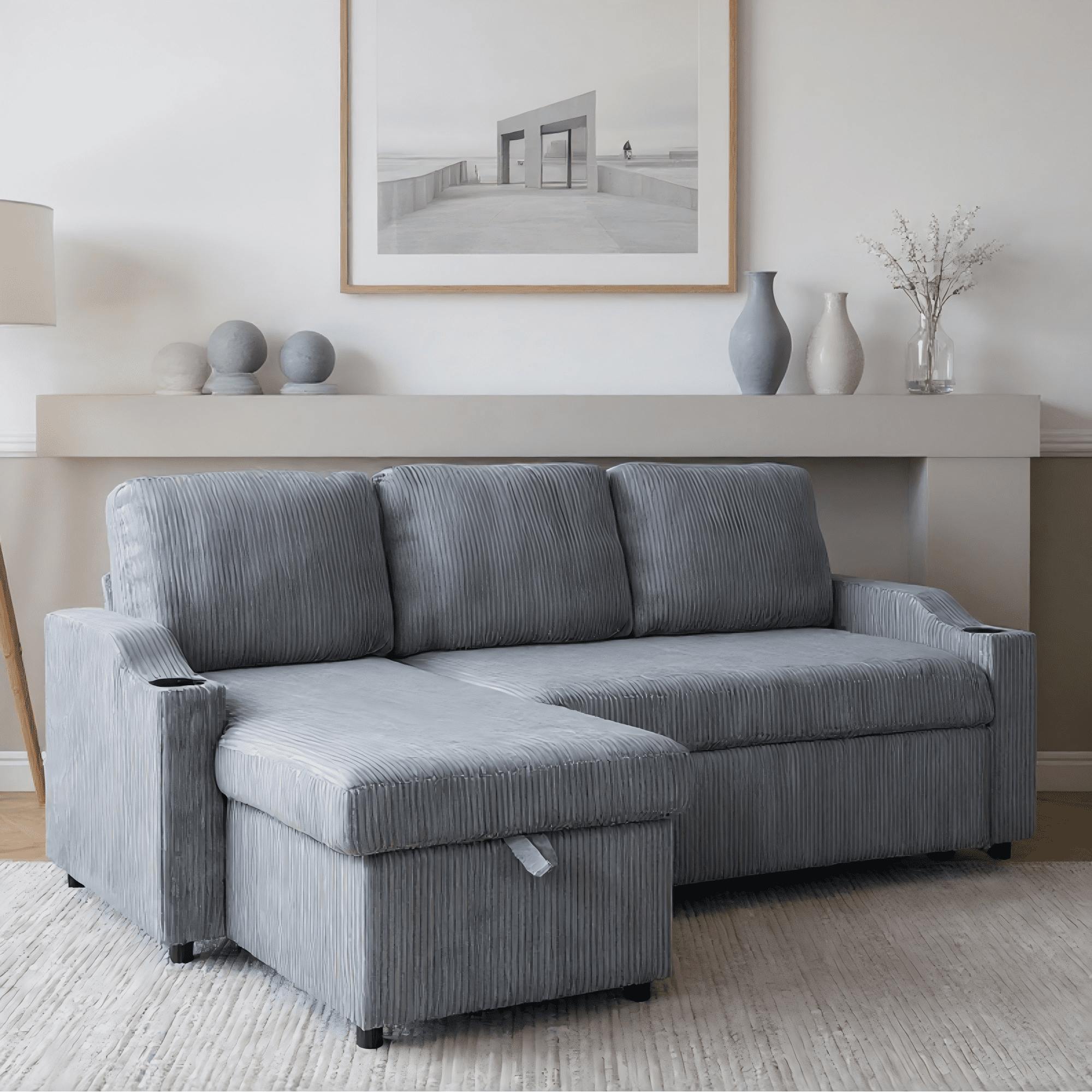 Gewnee Pull Out Sofa Bed,3 In 1 Sleeping and Seating Sofa with Storage Function,with Corduroy Fabric L-shaped Sofa,Suitable for Living Room,Bedroom and Apartment(Gray)