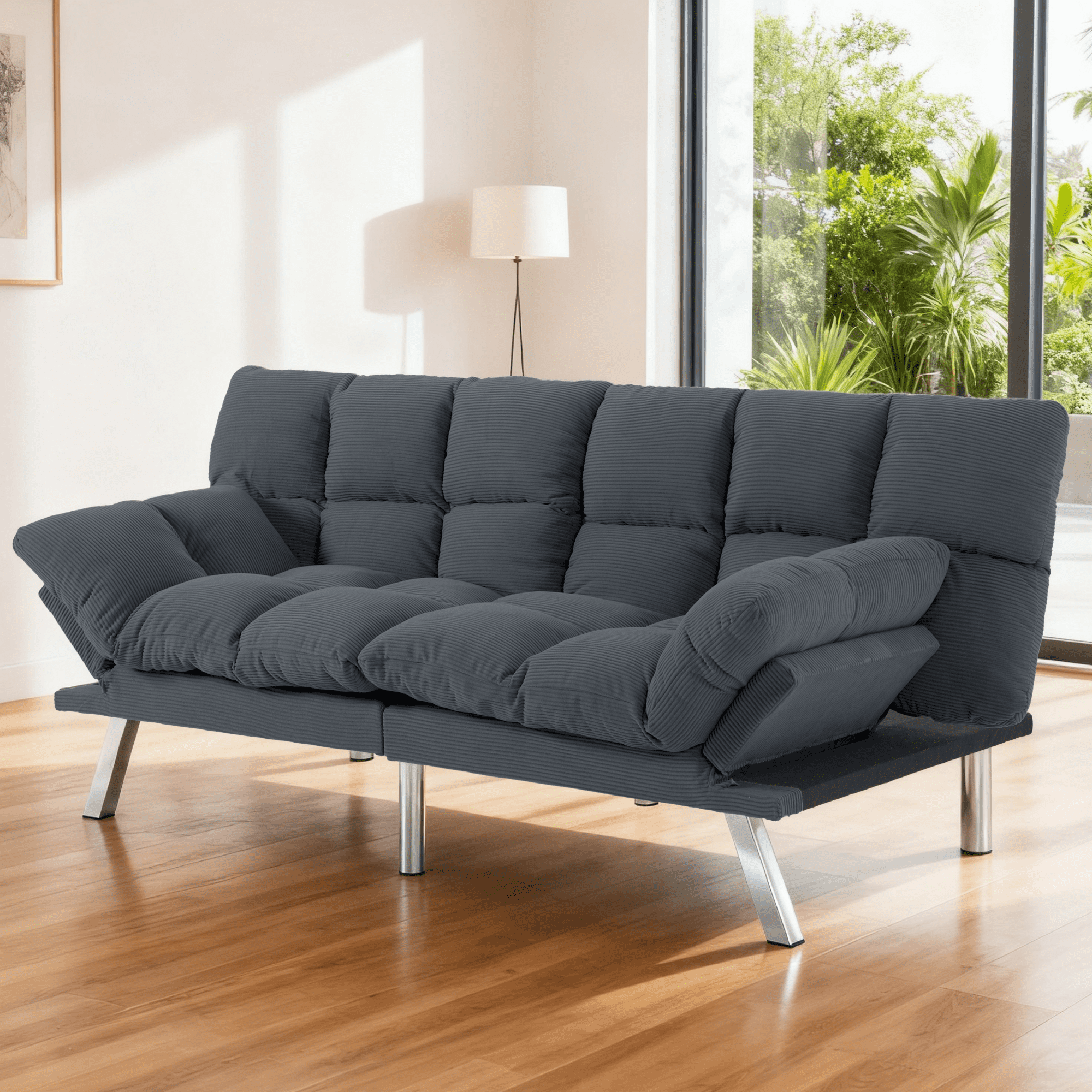 Gewnee Pullout Couch Bed,3 in 1 Convertible Sleeper Sofa Bed,Futon Corduroy Loveseat with Adjustable Backrest for Apartment and Office.Dark Grey