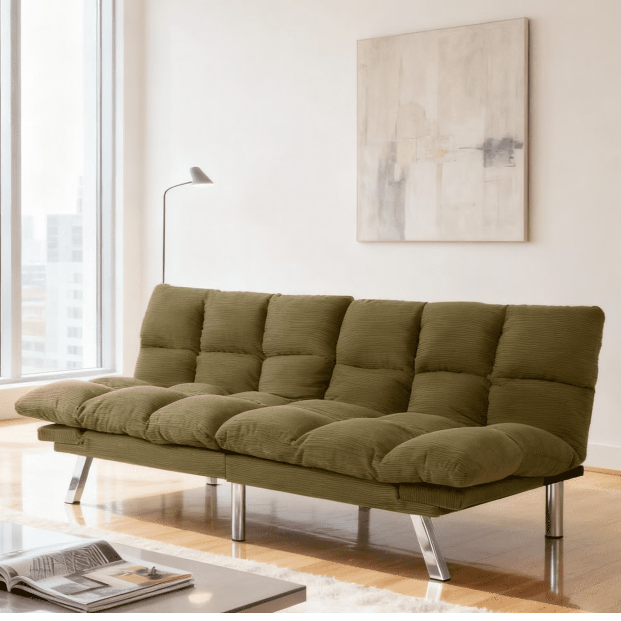 Gewnee Pullout Couch Bed,3 in 1 Convertible Sleeper Sofa Bed,Futon Corduroy Loveseat with Adjustable Backrest for Apartment and Office.Green