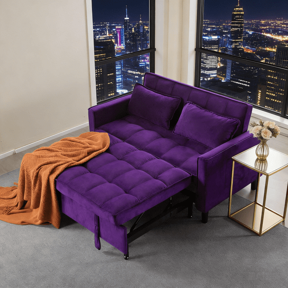 Gewnee Purple Velvet Pull-out Sleeper Sofa Bed - Solid Wood Frame, 2-Seater Loveseat for Home/Guest Room, Small Space Friendly
