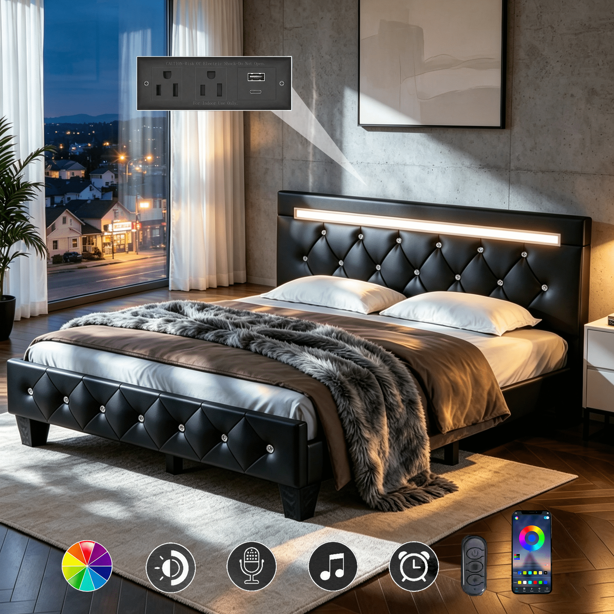 Gewnee Queen Bed Frame,Upholstered Platform Bed with LED Light and Charging Station,Faux Leather Bed Frame with Adjustable Crystal Button Headboard,No Box Spring Needed.Black