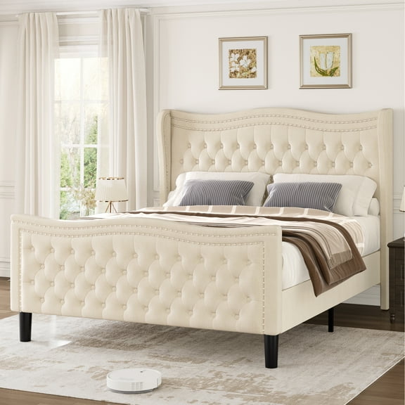 Gewnee Queen Bed Frame with 52'' Tall Headboard Velvet Upholstered Bed Frame,Double Nail & Wingback Design Platform Bed Frame.Beige