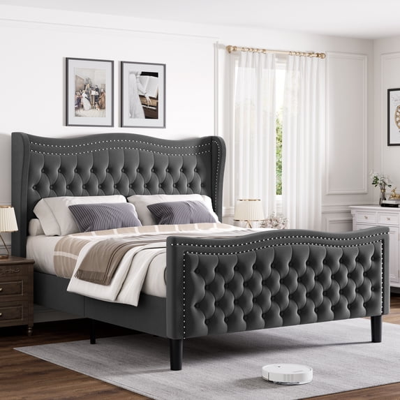 Gewnee Queen Bed Frame with 52'' Tall Headboard Velvet Upholstered Bed Frame,Double Nail & Wingback Design Platform Bed Frame.Dark Grey