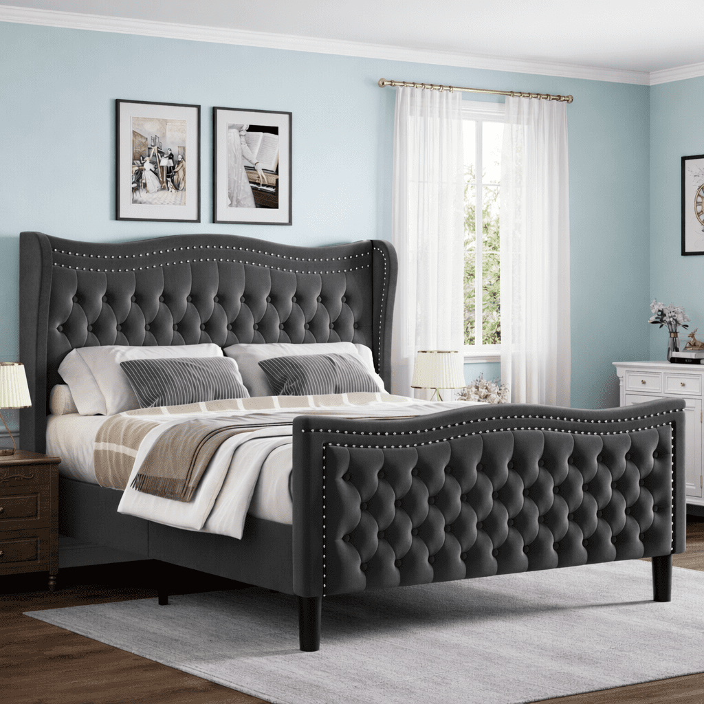 Gewnee Queen Bed Frame with 52" Tall Headboard Velvet Upholstered Wingback & Rivet Decor Platform Bed Frame,Dark Grey
