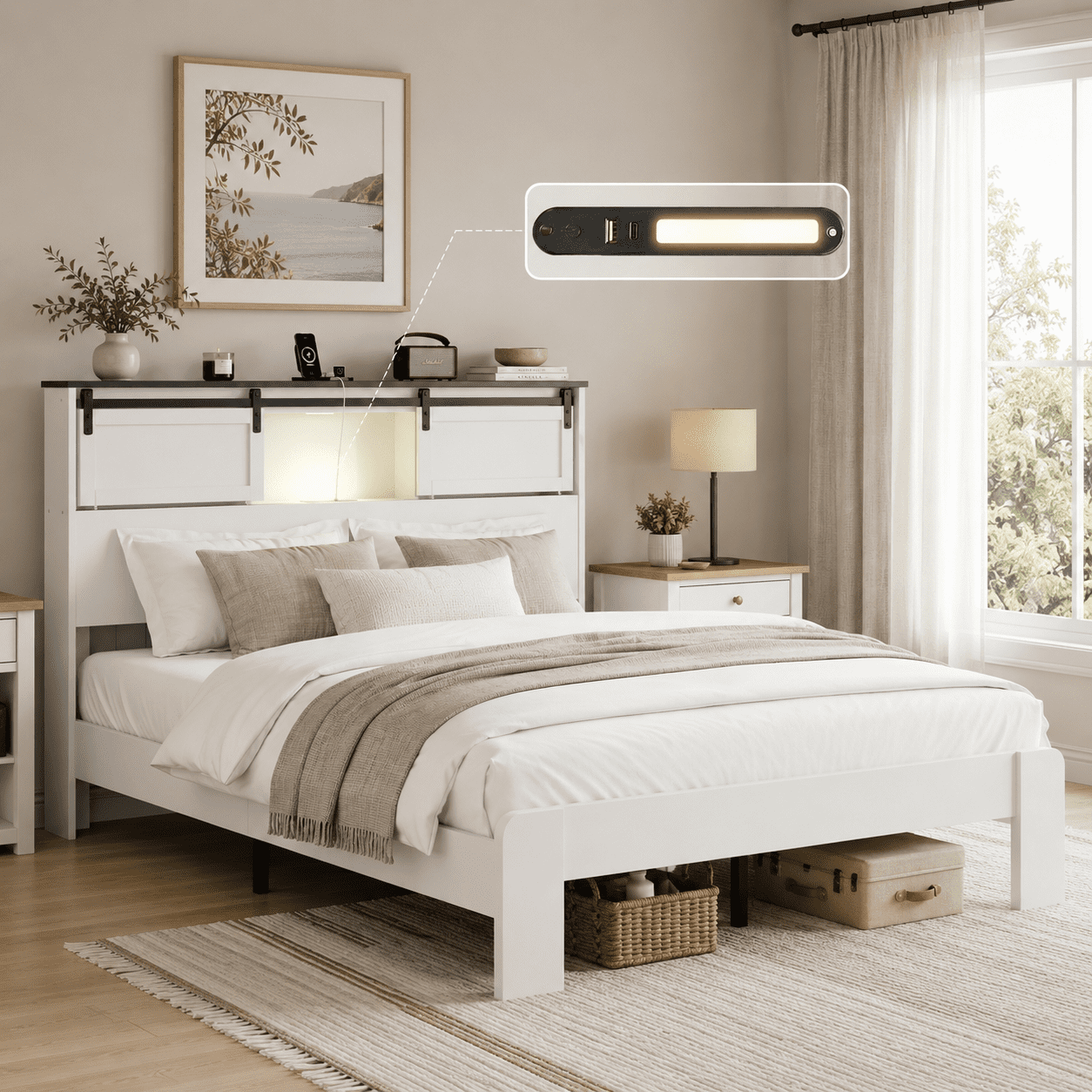 Gewnee Queen Metal Platform Bed Frame with Storage Headboard, 2 USB Ports, No Box Spring Needed for Bedroom, White