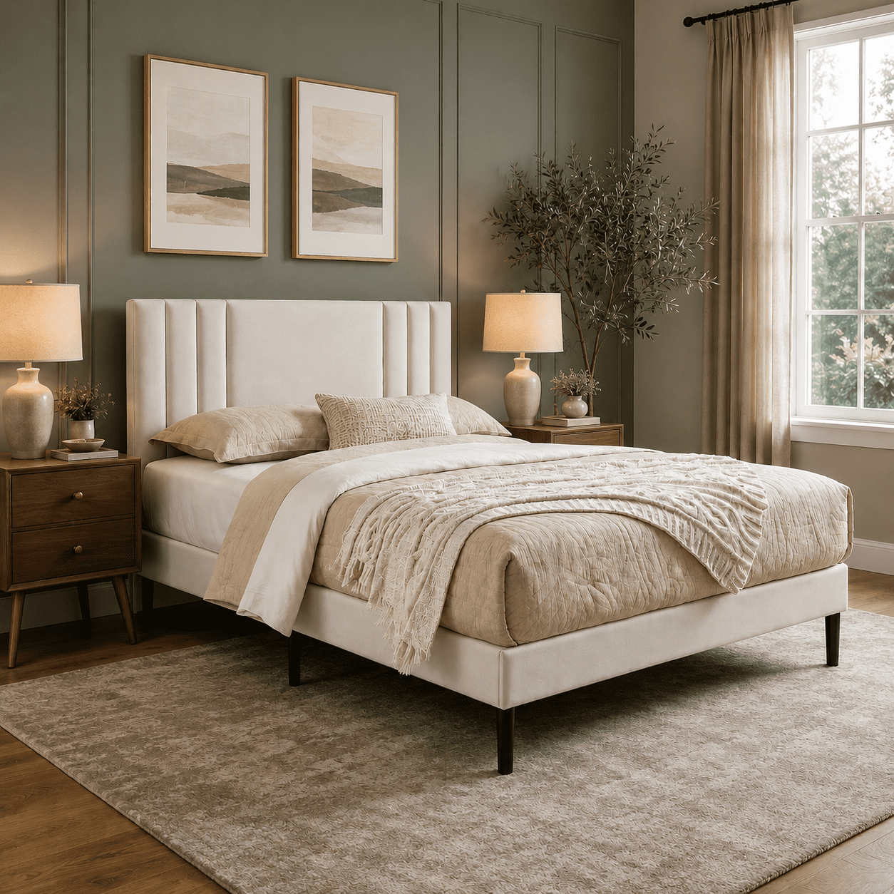 Gewnee Queen Platform Bed Frame, PU Leather Adjustable Headboard, Wood Slats, No Box Spring Needed for Bedroom, White