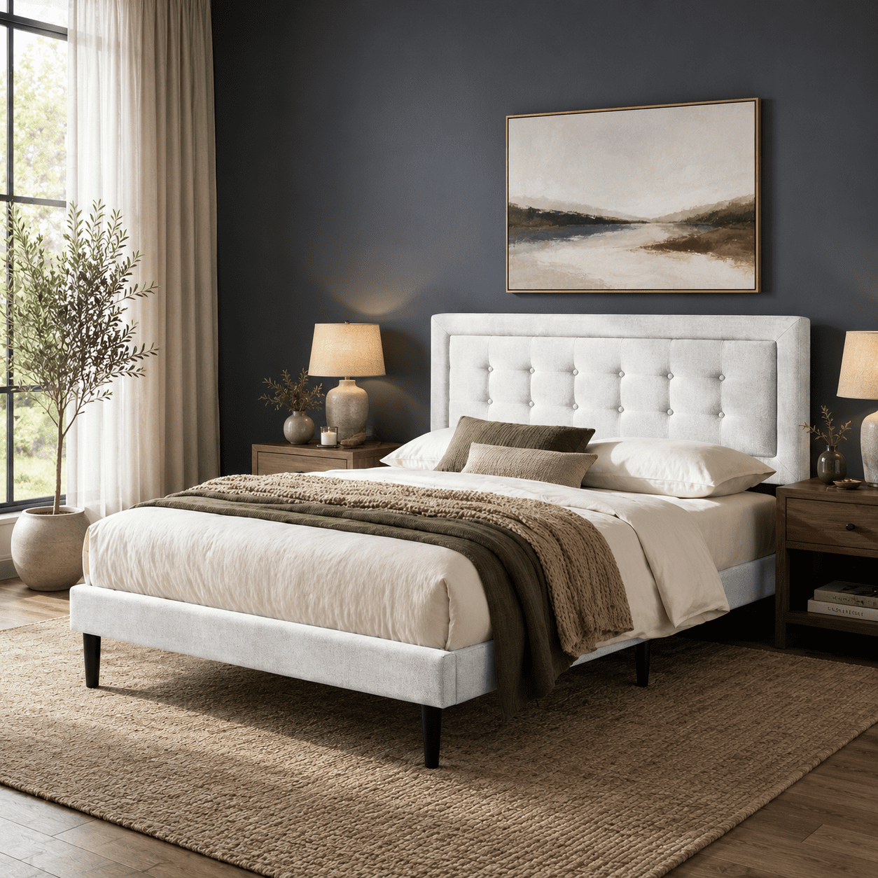 Gewnee Queen Platform Bed Frame, Tufted Upholstered Headboard, Wood ...