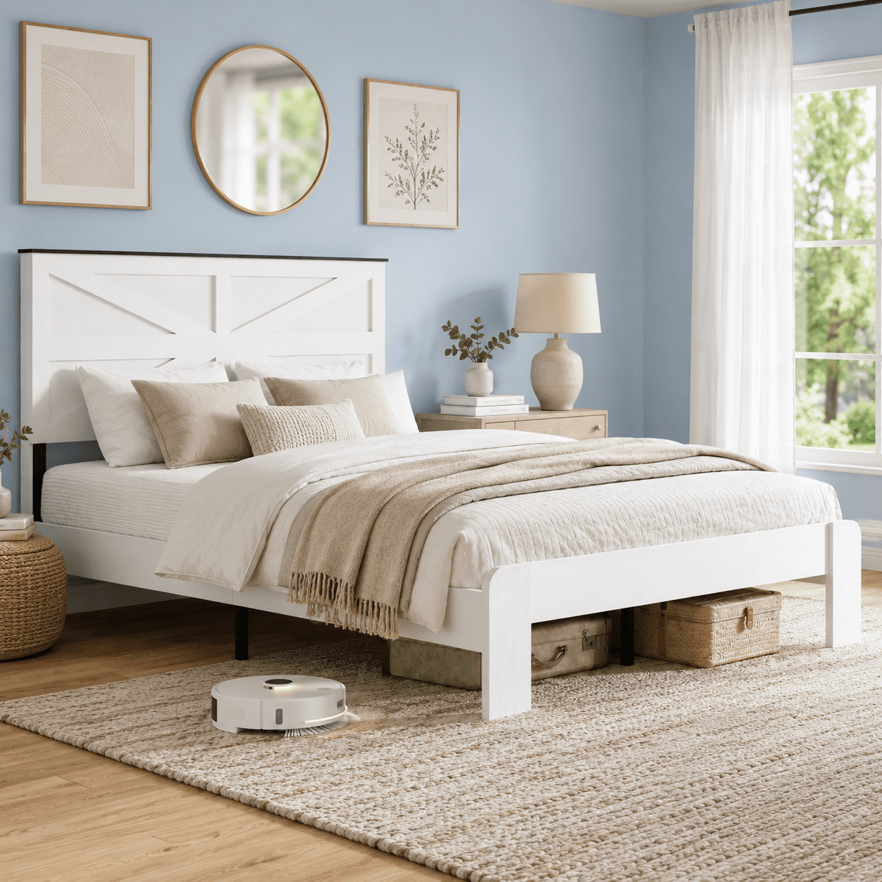 Gewnee Queen Platform Bed Frame with Geometric Headboard, P2 MDF Panels & White Metal Frame, Bedroom, White