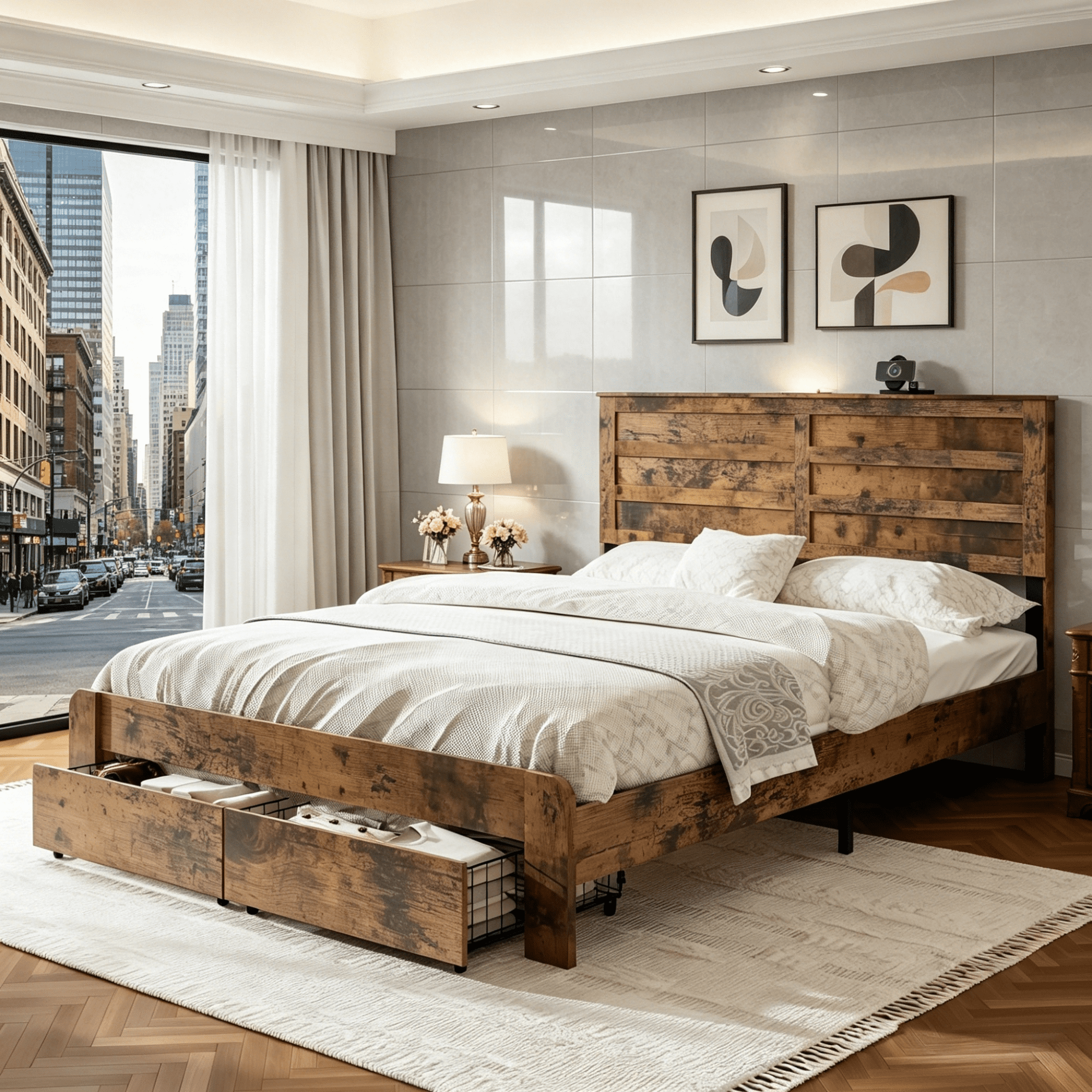 Gewnee Queen Size Bed Frame with 2 Storage Drawers & USB Ports – Wooden Platform Bed with Storage Headboard Charging Station,No Box Spring Needed,Dark Brown
