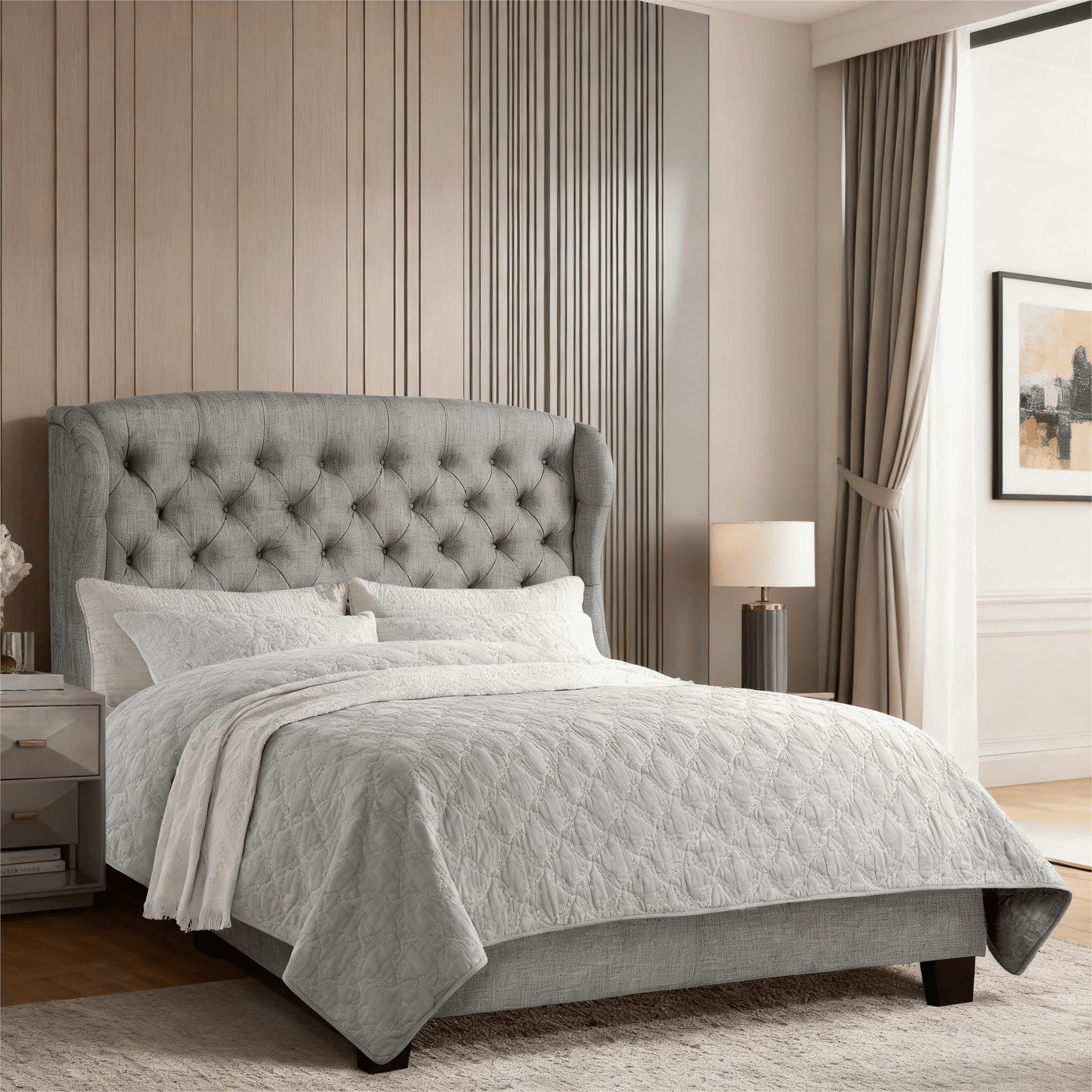 Gewnee Queen Size Upholstered Platform Bed Frame with Adjustable Wingback Headboard.Box Spring Required.Light Gray