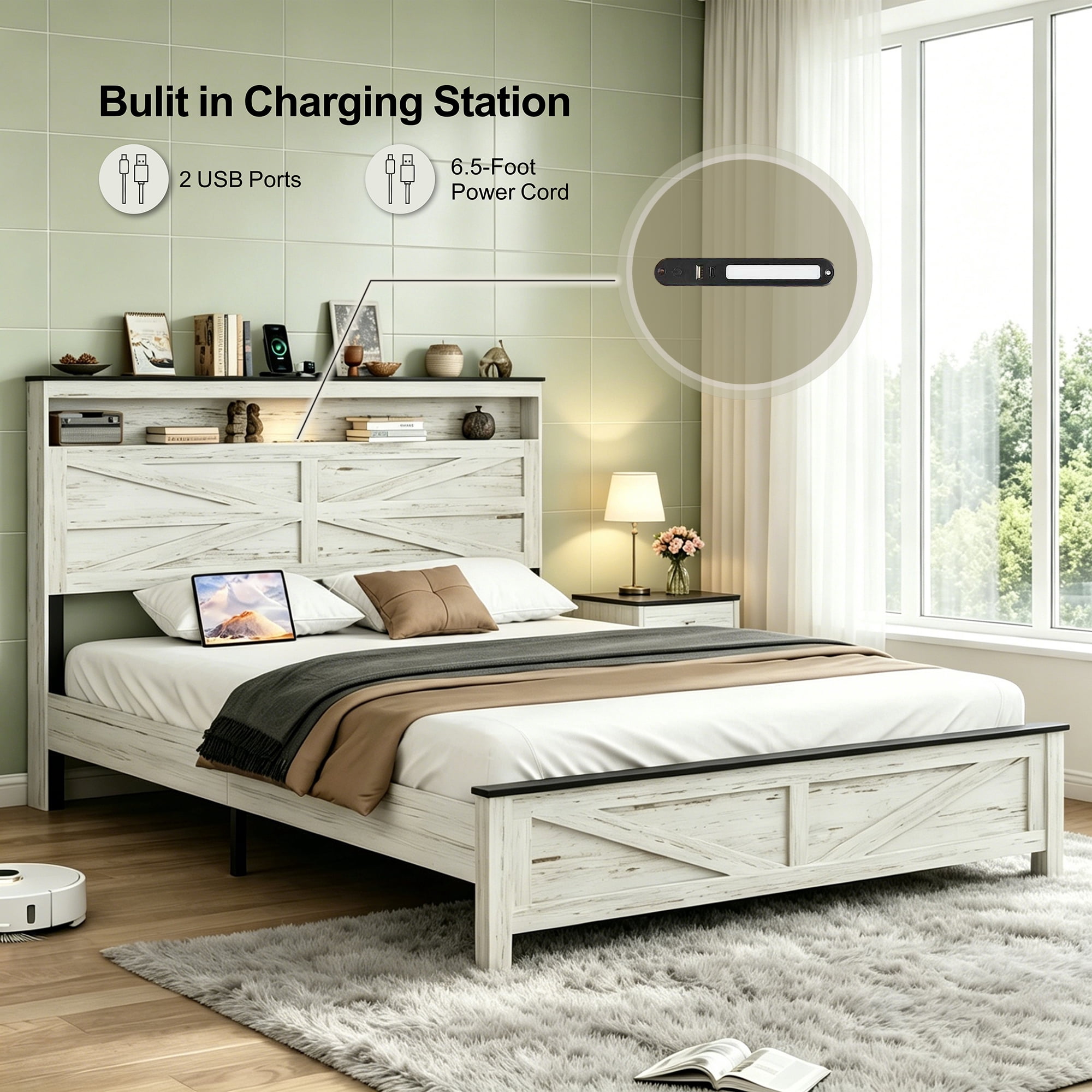 Gewnee Queen Size Bed Frame with Charging Station – 2 USB & 1 Type-C Ports,LED Light Headboard,Hidden Under-Bed Storage,No Box Spring Required,Antique White+Gray.