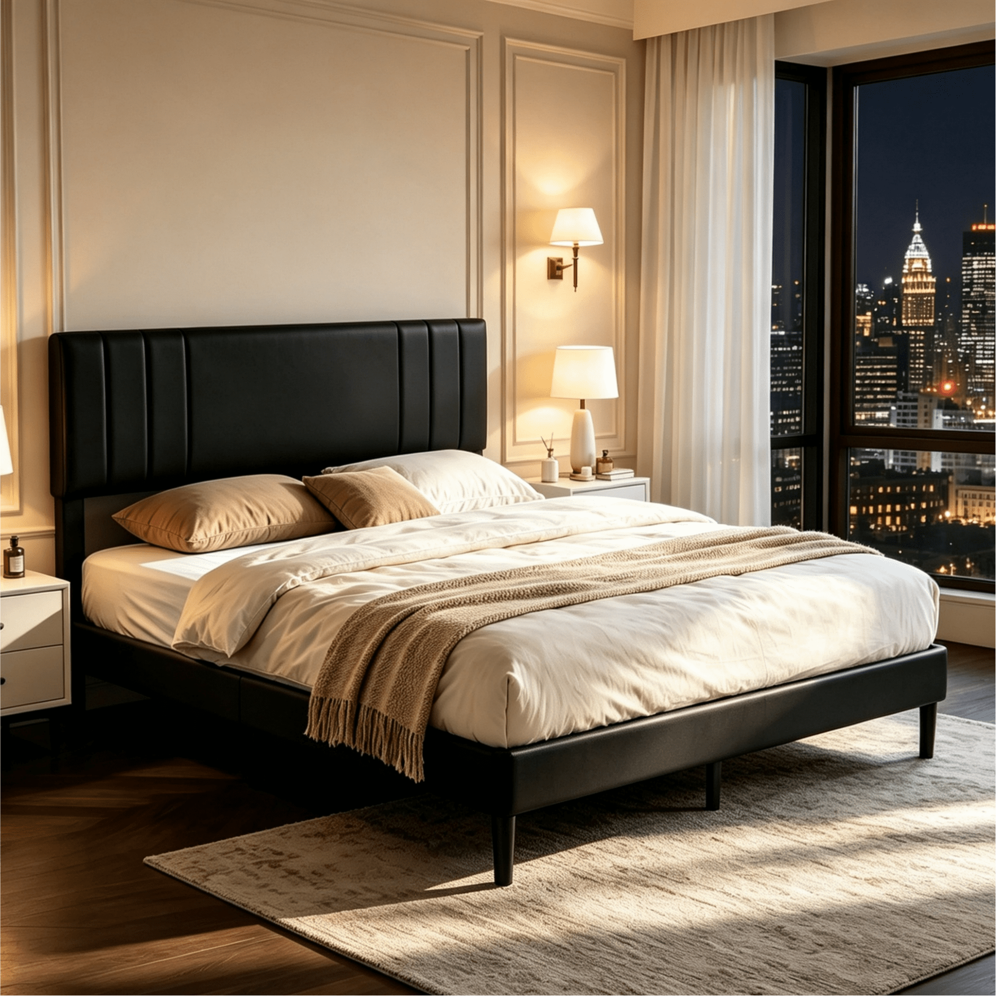 Gewnee Queen Size Bed Frame,Platform Bed with Upholstered Headboard,Modern Accent Bedroom Furniture,No Box Spring Needed,Black PU