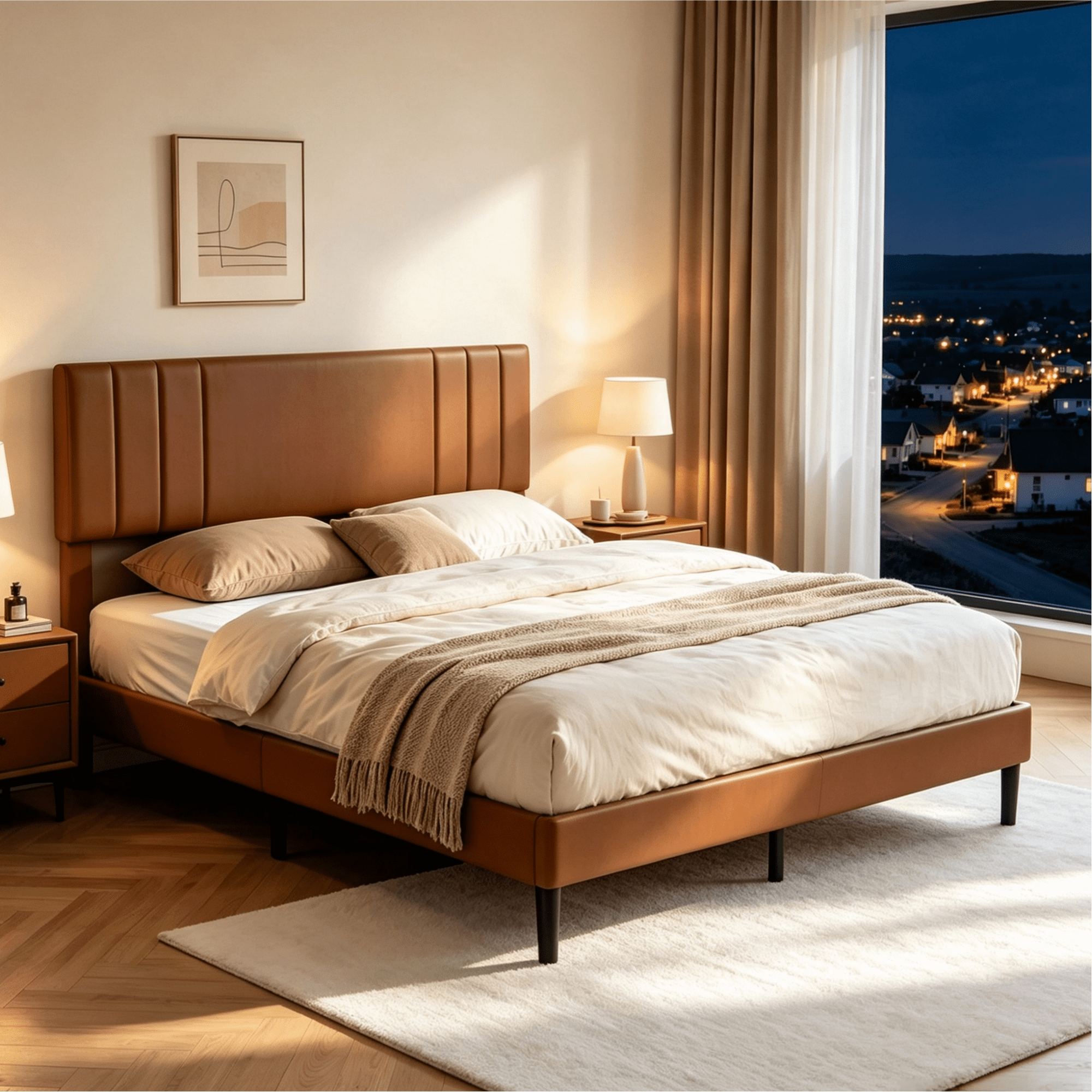 Gewnee Queen Size Bed Frame,Platform Bed with Upholstered Headboard,Modern Accent Bedroom Furniture,No Box Spring Needed,Brown PU