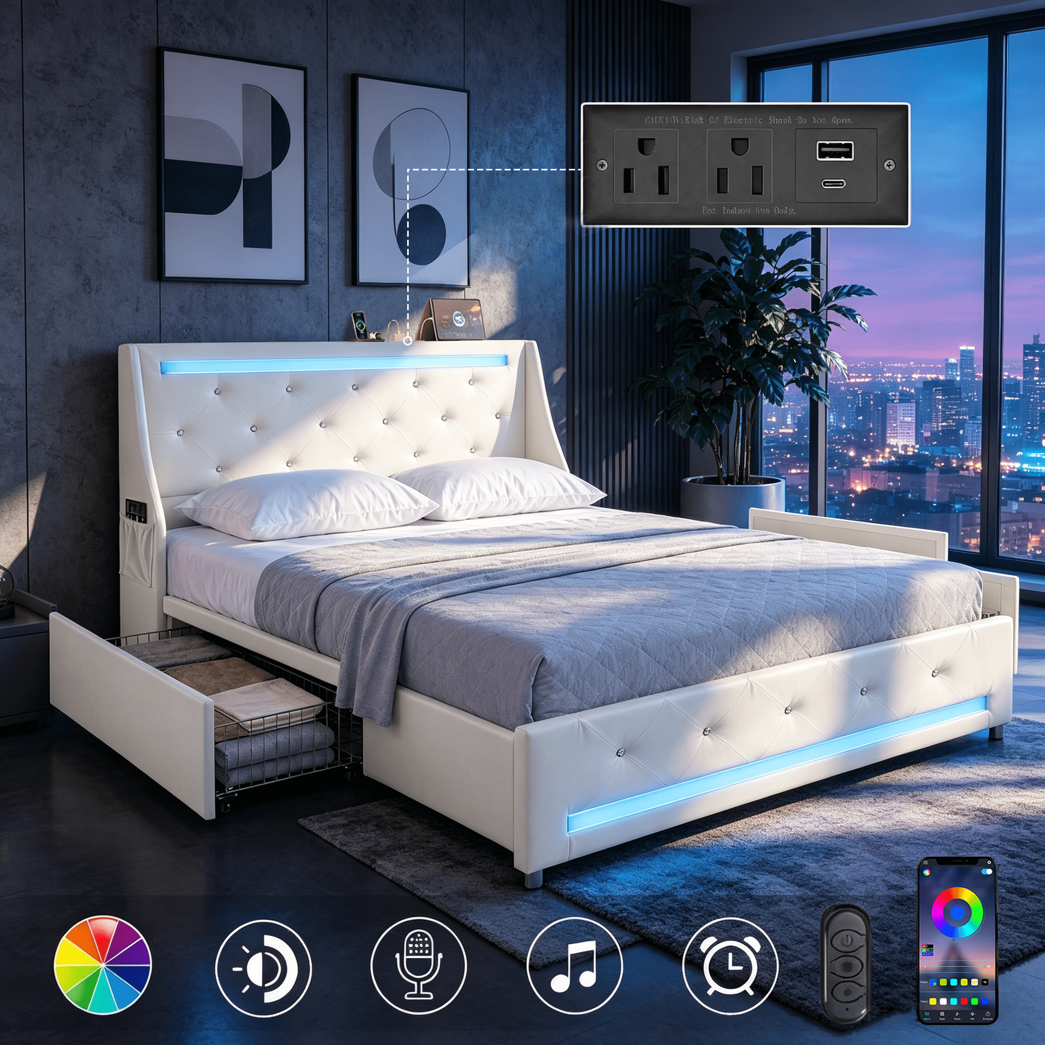 Gewnee Queen Size Bed Frame with Storage Drawers & Charging Station,PU Upholstered Platform Bed with Button Wingback Headboard and Side Pocket,LED Bed Frame,No Box Spring Needed.White