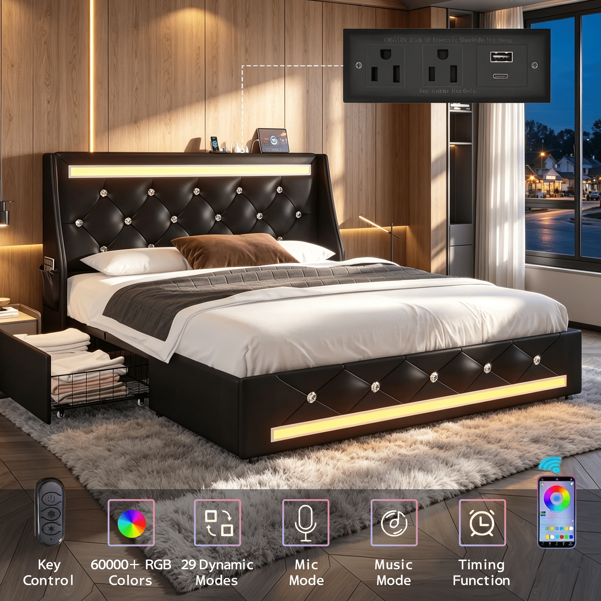 Gewnee Queen Size Bed Frame with Storage Drawers & Charging Station,PU Upholstered Platform Bed with Button Wingback Headboard and Side Pocket,LED Bed Frame,No Box Spring Needed.Black