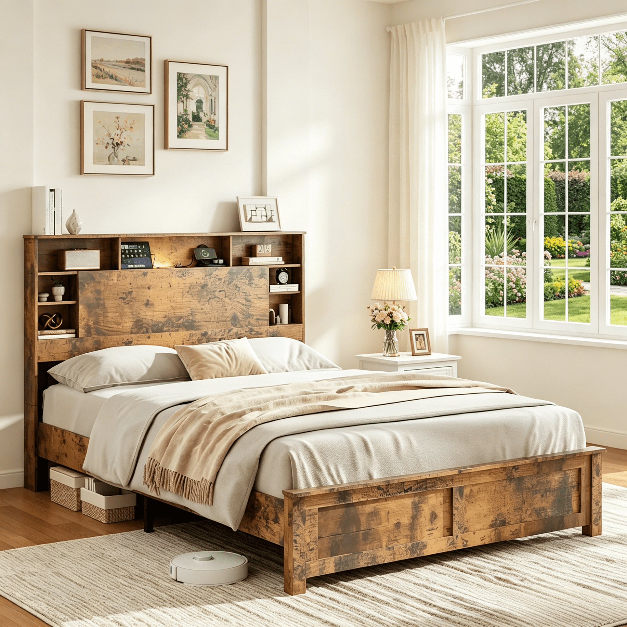 Gewnee Queen Size Bed Frame with Storage Headboard – Built-in Charging Station (USB & Outlets),LED Ambient Lights,Bookcase Shelf,Wood Platform,No Box Spring Needed,Dark Brown