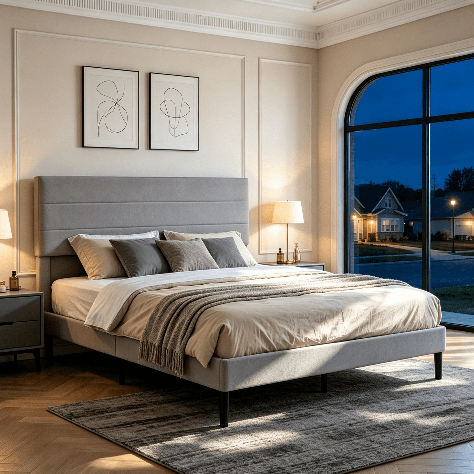 Gewnee Queen Size Bed Frame,Upholstered Platform Bed Frame with Linen Blend Headboard,Wood Platform Bed,No Box Spring.Light Grey