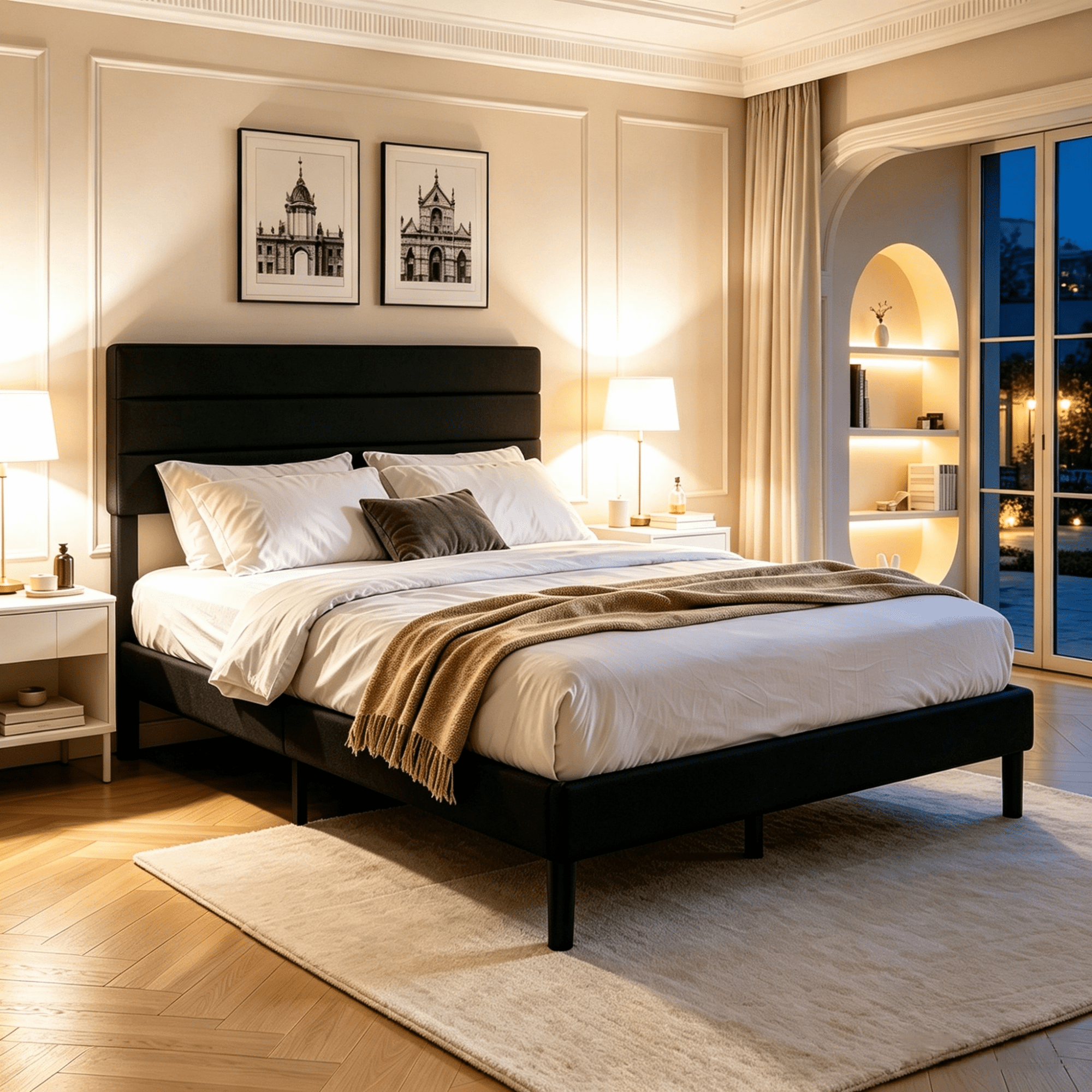 Gewnee Queen Size Bed Frame,Upholstered Platform Bed Frame with Linen Headboard,Wood Platform Bed,No Box Spring.Black