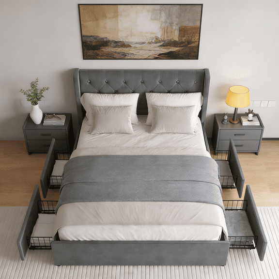 Gewnee Queen Size Bed Frame with 4 Storage Drawers and Wingback Headboard,Button Tufted Design,No Box Spring Required,Dark Grey