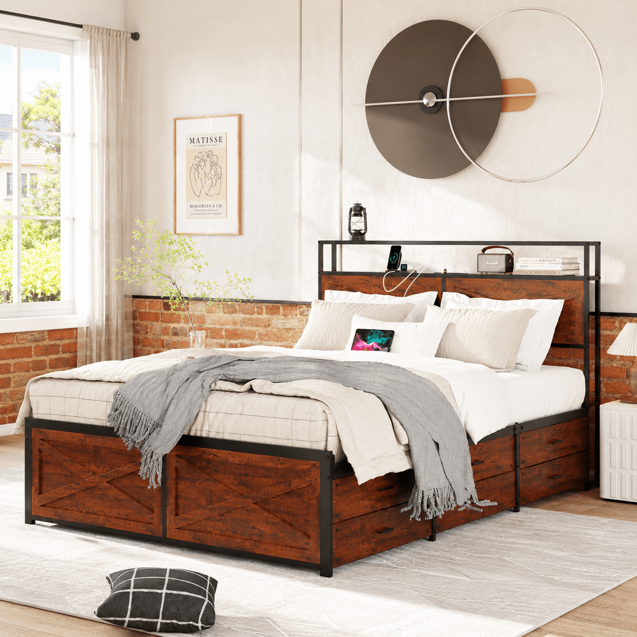 Gewnee Queen Size Bed Frame with Bookcase Headboard, Metal Support, No Box Spring Needed, RGB LED, 12 Drawers, Brown