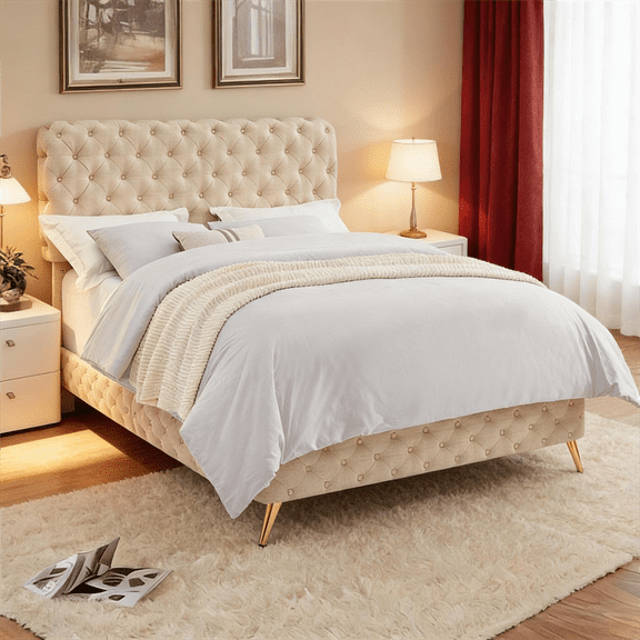Gewnee Queen Size Bed Frame with Button Tufted Headboard,Upholstered Platform Bed Frame with Adjustable Headboard,Box Spring Required.Beige
