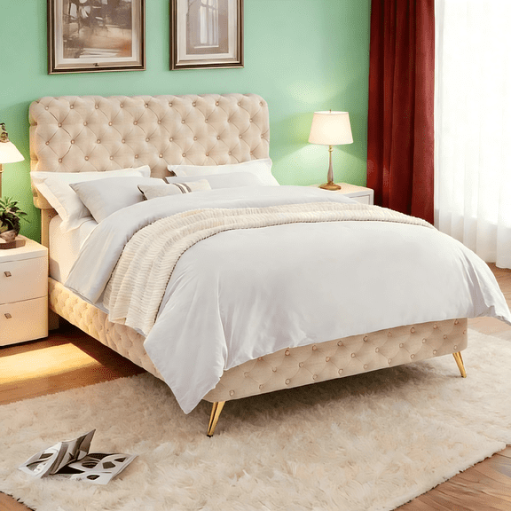 Gewnee Queen Size Bed Frame with Button Tufted Headboard,Upholstered Platform Bed Frame with Adjustable Headboard,Box Spring Required.Beige