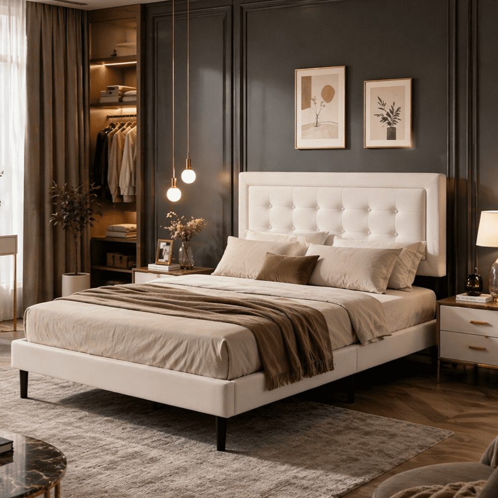 Gewnee Queen Size Bed Frame with Sturdy Wood Slats & Center Leg,No Box Spring Needed,Upholstered Headboard,High Under-Bed Clearance.Beige