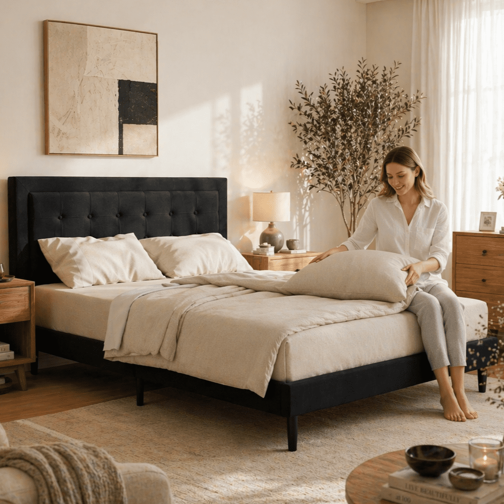 Gewnee Queen Size Bed Frame with Sturdy Wood Slats & Center Leg,No Box Spring Needed,Upholstered Headboard,High Under-Bed Clearance.Black