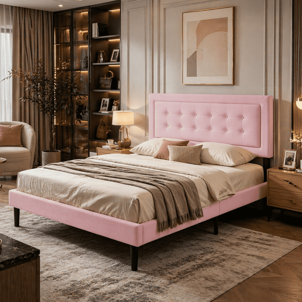 Gewnee Queen Size Bed Frame with Sturdy Wood Slats & Center Leg,No Box Spring Needed,Upholstered Headboard,High Under-Bed Clearance.Pink