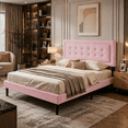 thumbnail image 1 of Gewnee Queen Size Bed Frame with Sturdy Wood Slats & Center Leg,No Box Spring Needed,Upholstered Headboard,High Under-Bed Clearance.Pink, 1 of 12