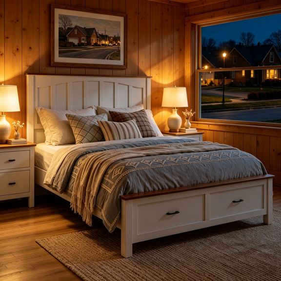 Gewnee Queen Size Farmhouse Bed Frame,Platform Bed Frame with Headboard & Wood Support Slats,No Box Spring Needed.Antique White